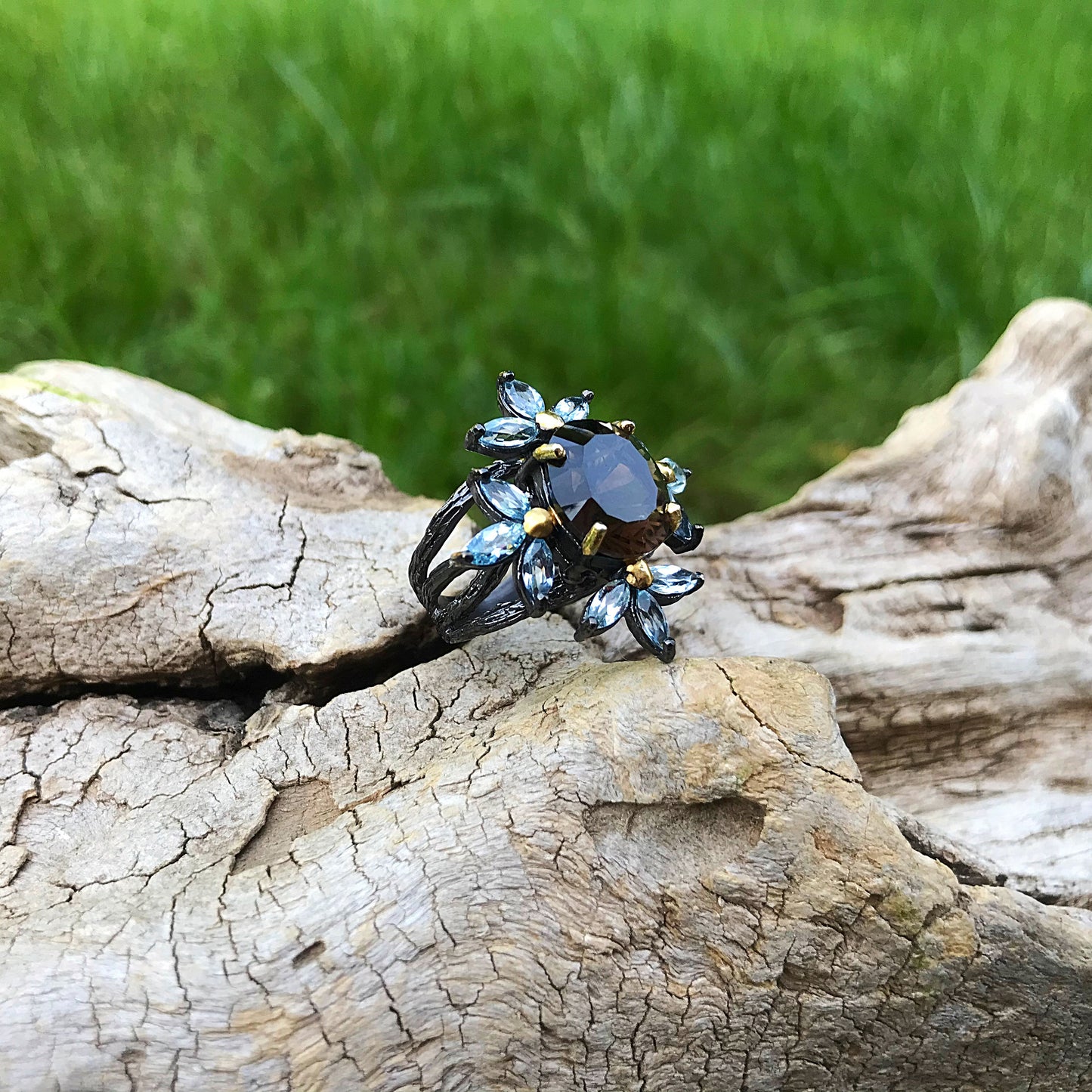 Handmade sterling silver Topaz Smokey Quartz statement Ring 6