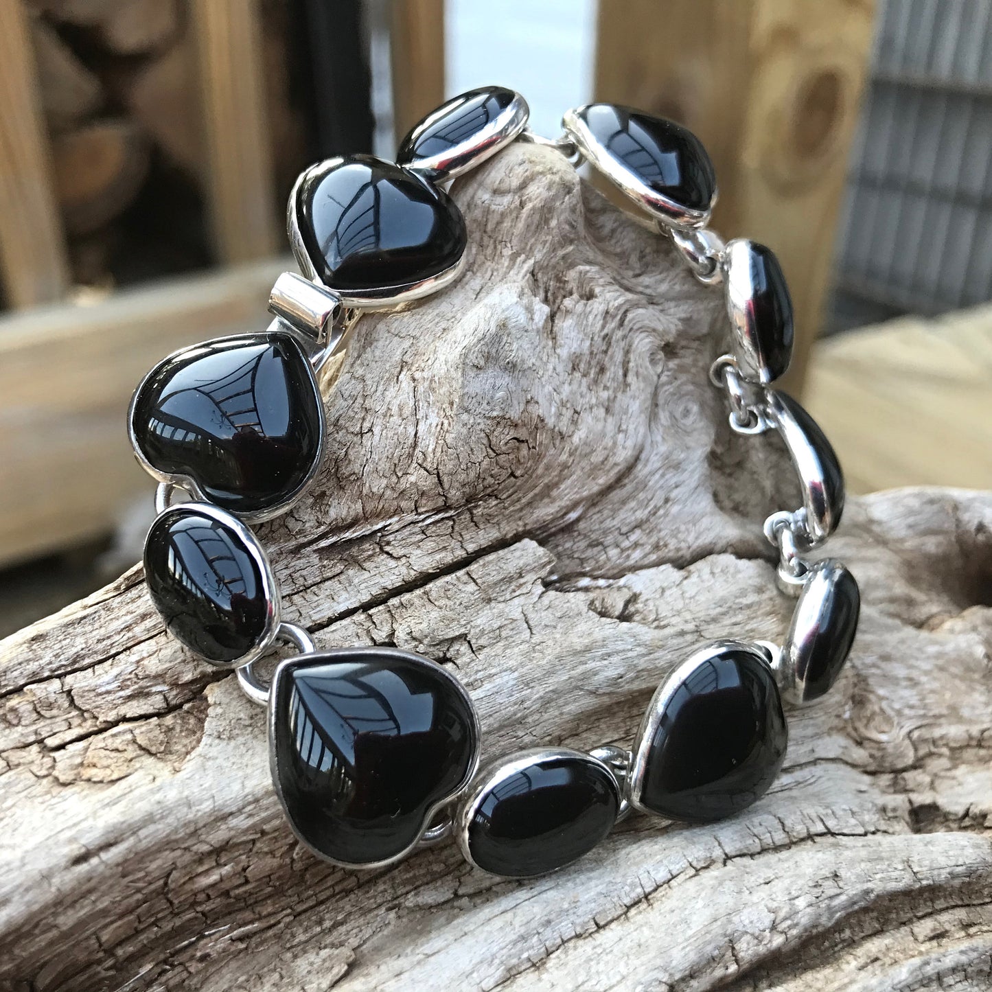925 sterling silver heart black onyx taxco vintage Bracelet artisan