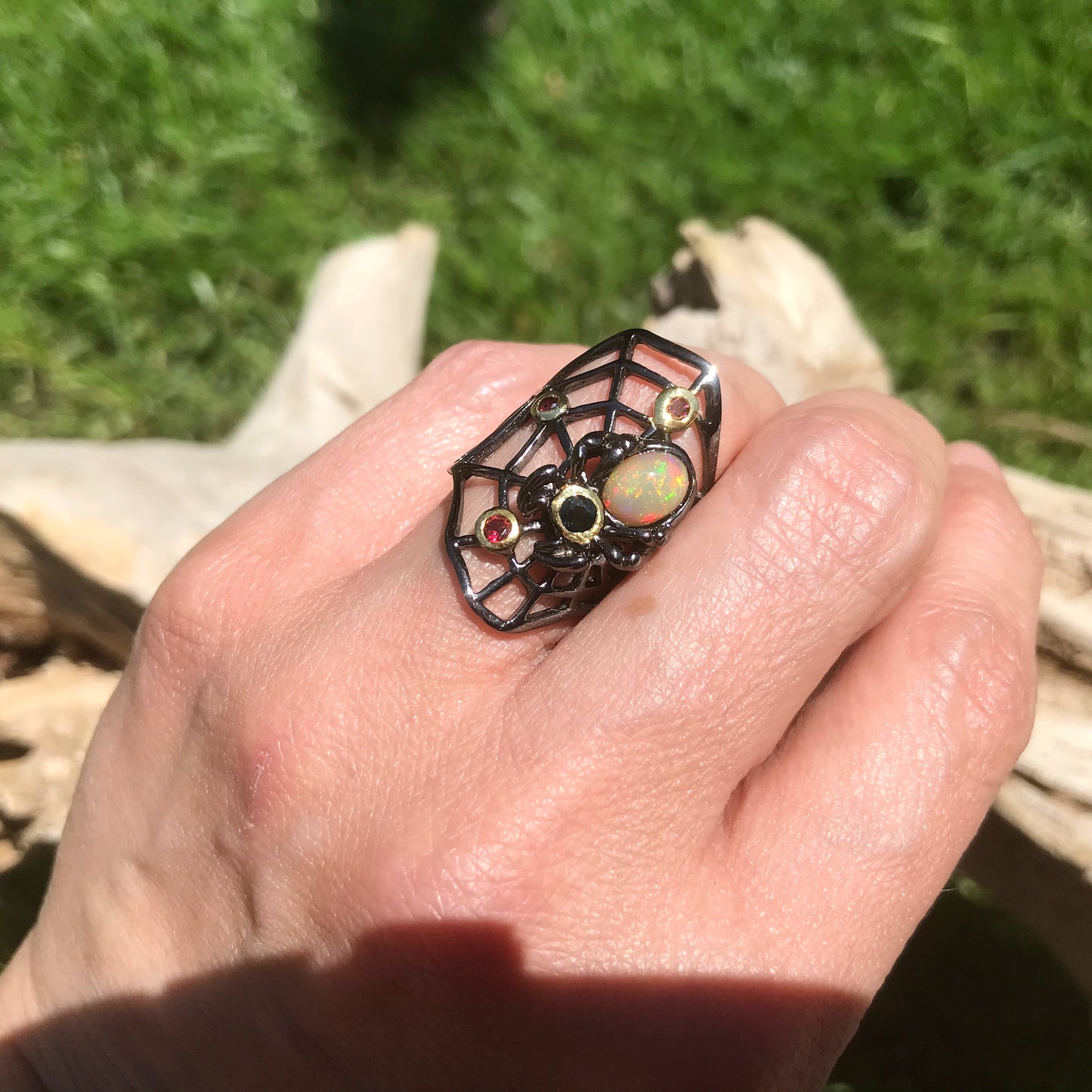 Sterling Silver modernist spider web Handmade Fire Opal Artisan ring 7