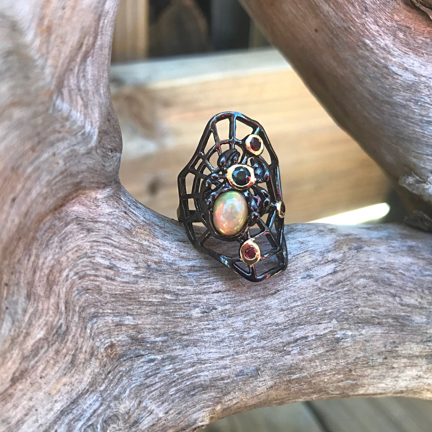 Sterling Silver modernist spider web Handmade Fire Opal Artisan ring 7