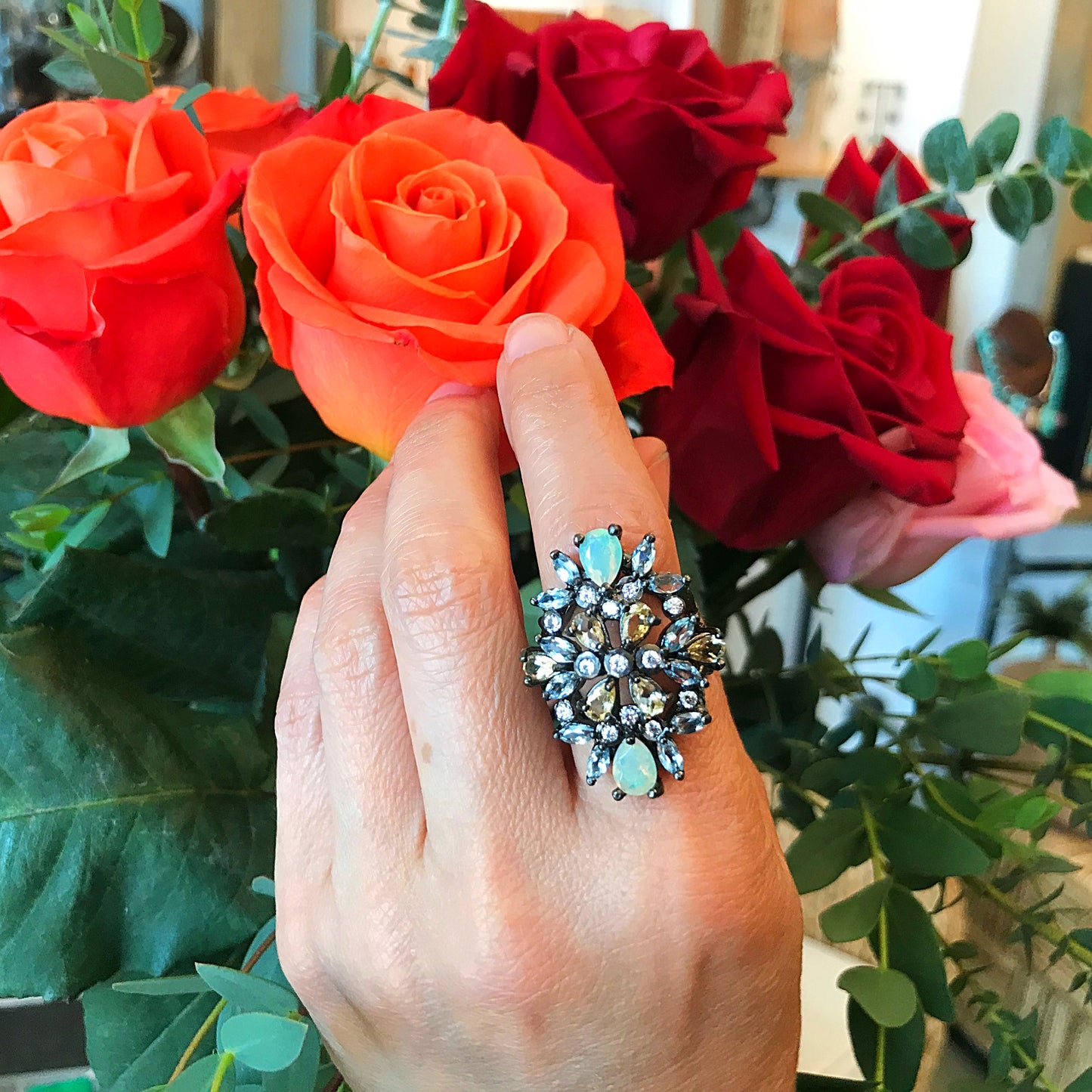 Handmade Sterling silver natural fire opal topaz citrine statement Ring 6.5