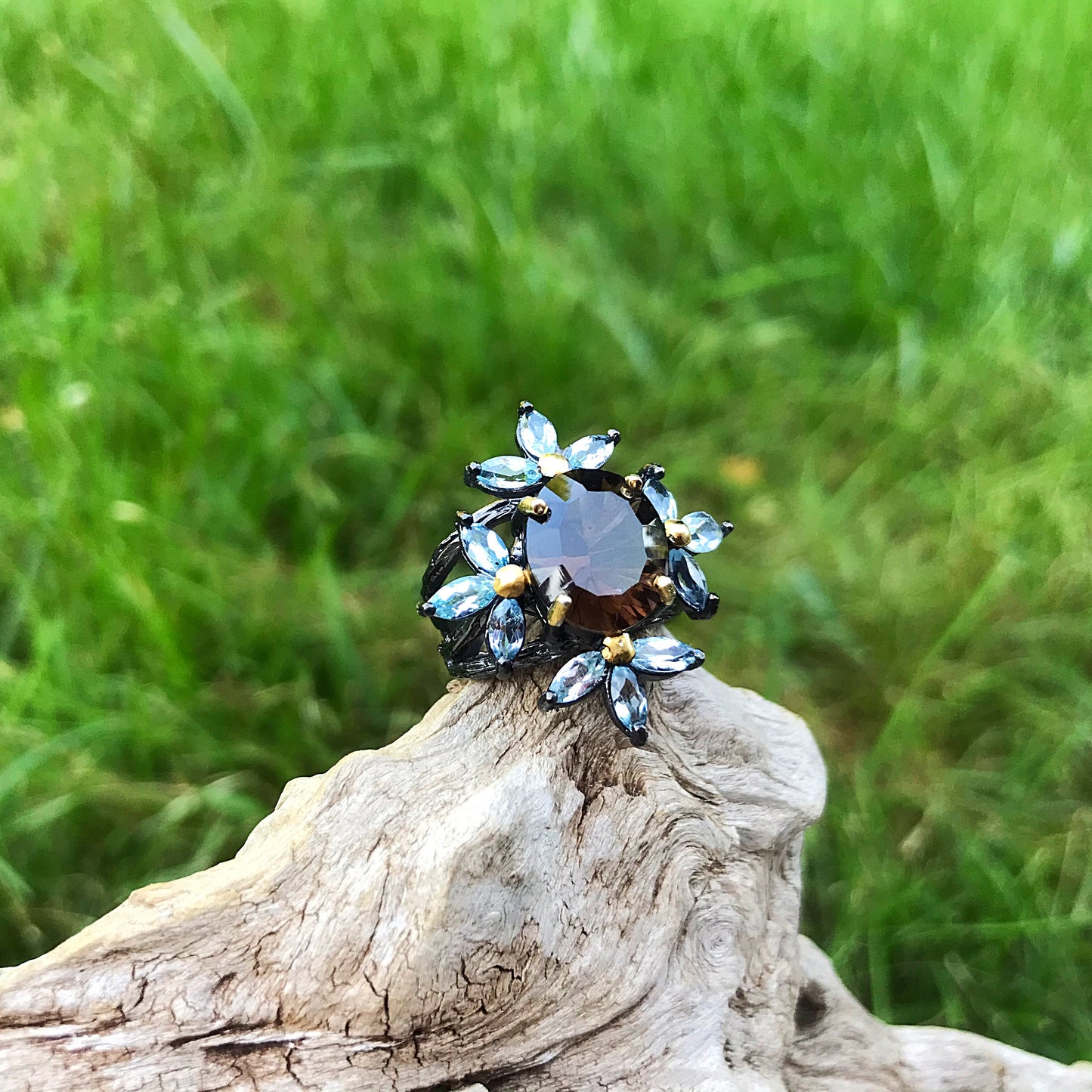 Handmade sterling silver Topaz Smokey Quartz statement Ring 6