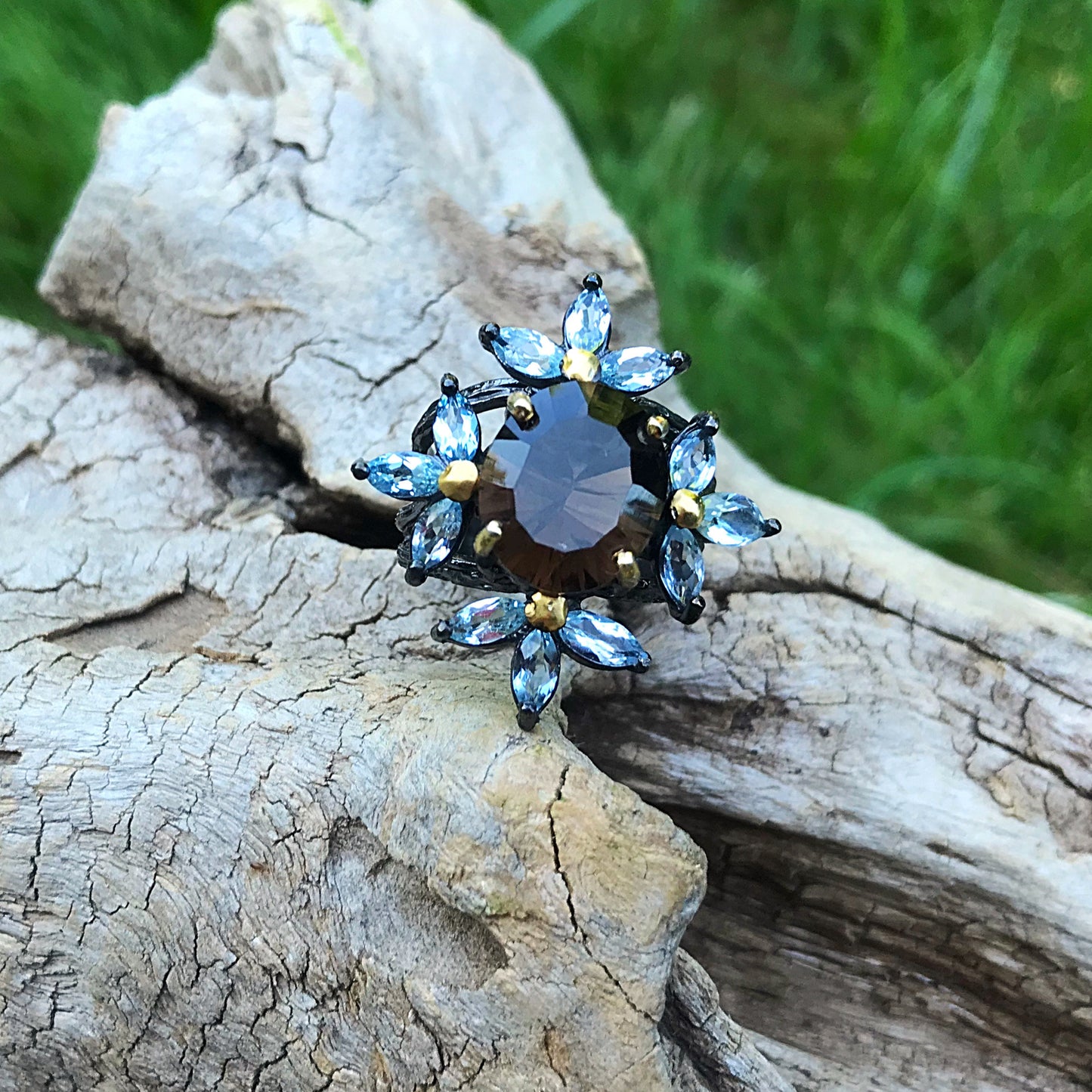 Handmade sterling silver Topaz Smokey Quartz statement Ring 6