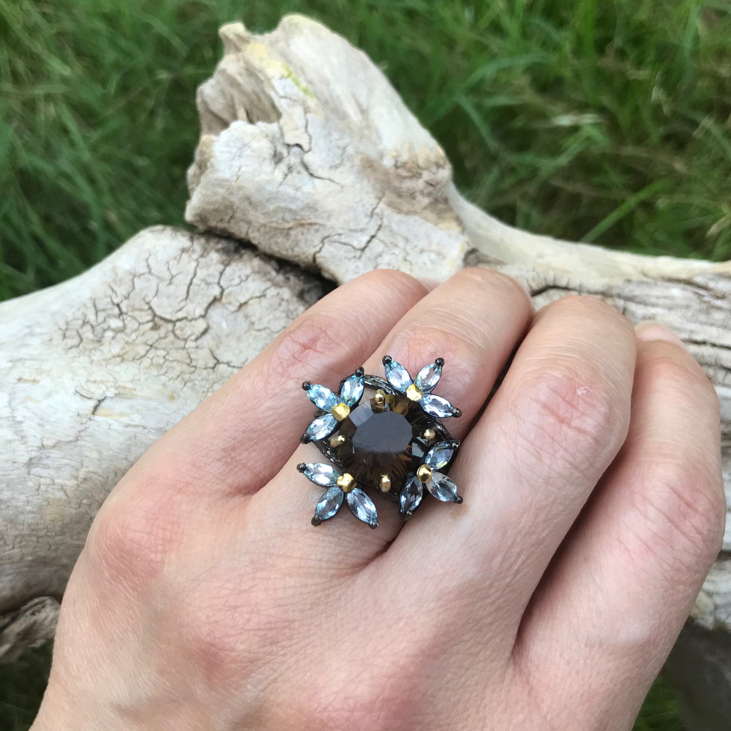 Handmade sterling silver Topaz Smokey Quartz statement Ring 6