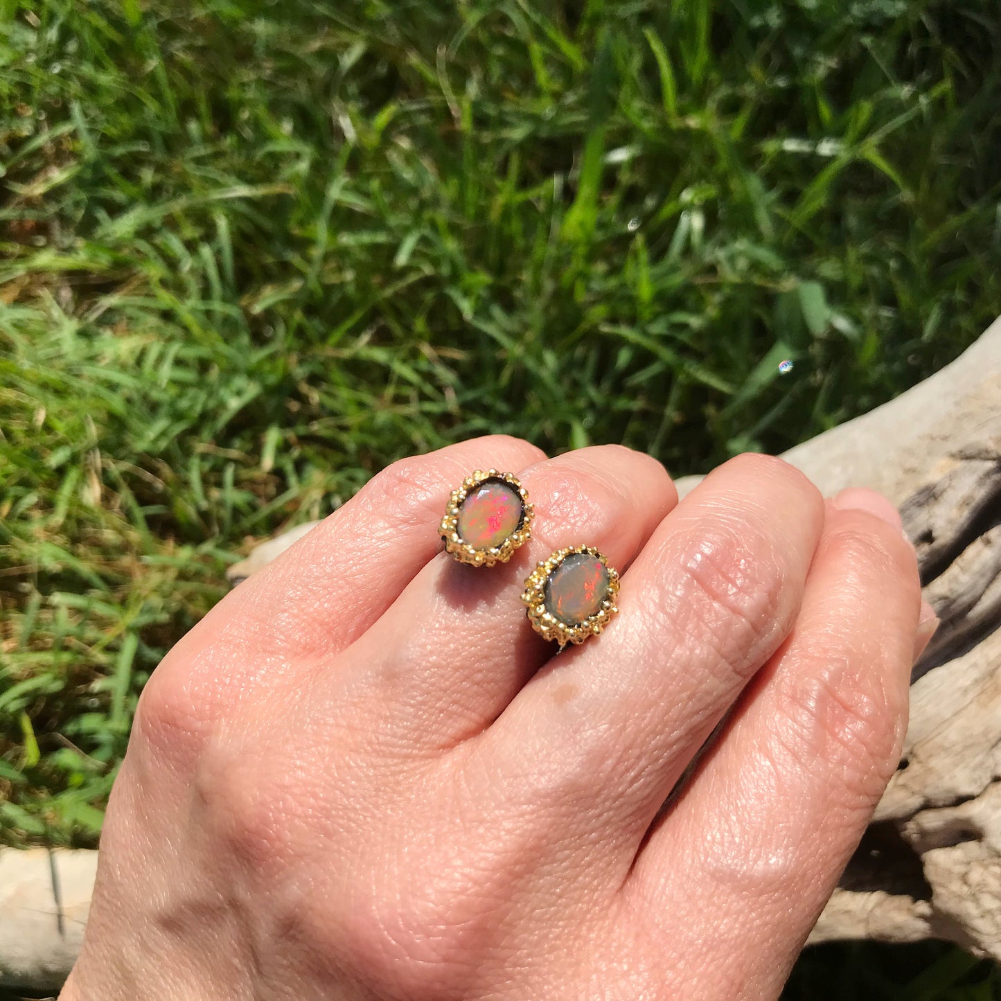 Sterling Silver modernist Handmade Fire rainbow Opal Artisan organic open square ring 6-7