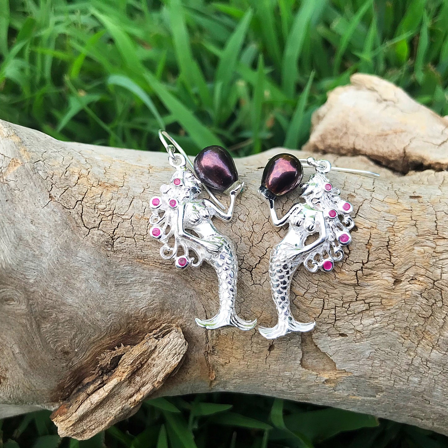 Sterling Silver natural black pearl ruby mermaid dangle earrings