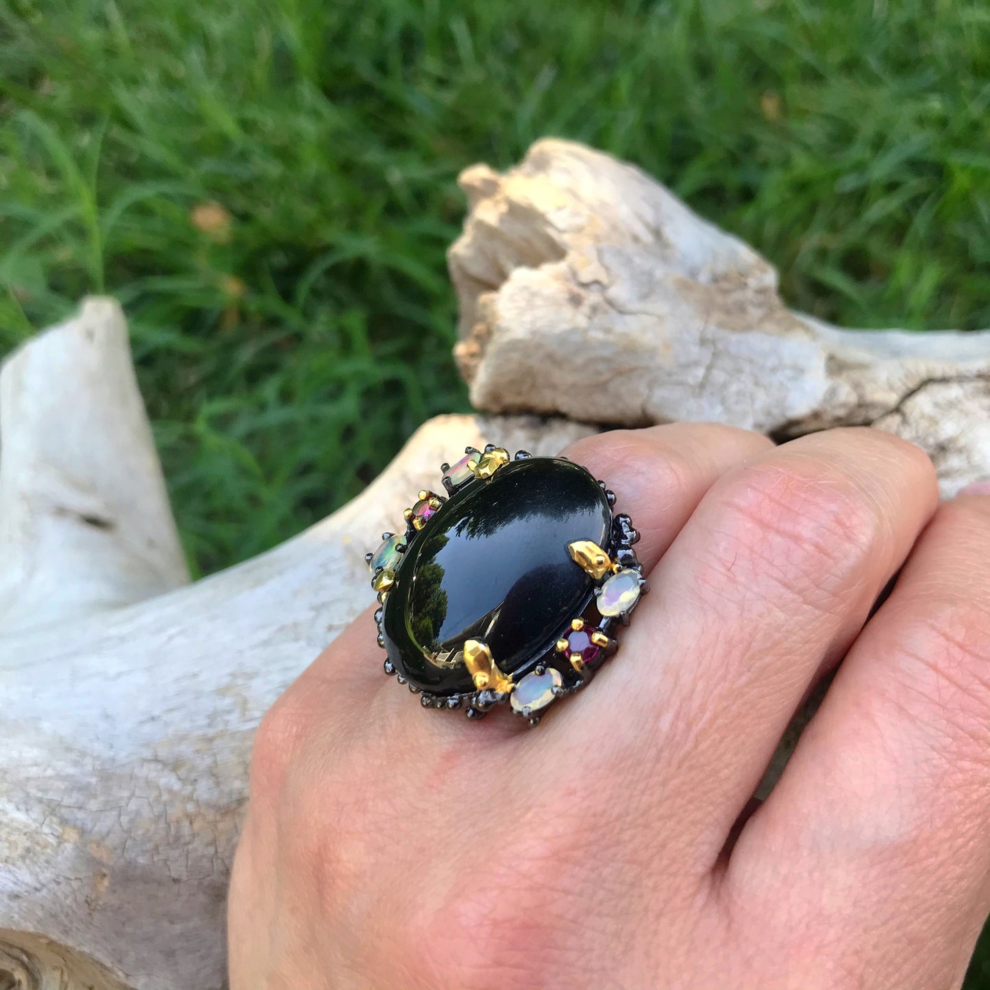 sterling silver statement black spinel opal oversize ring 8.5 wow factor piece