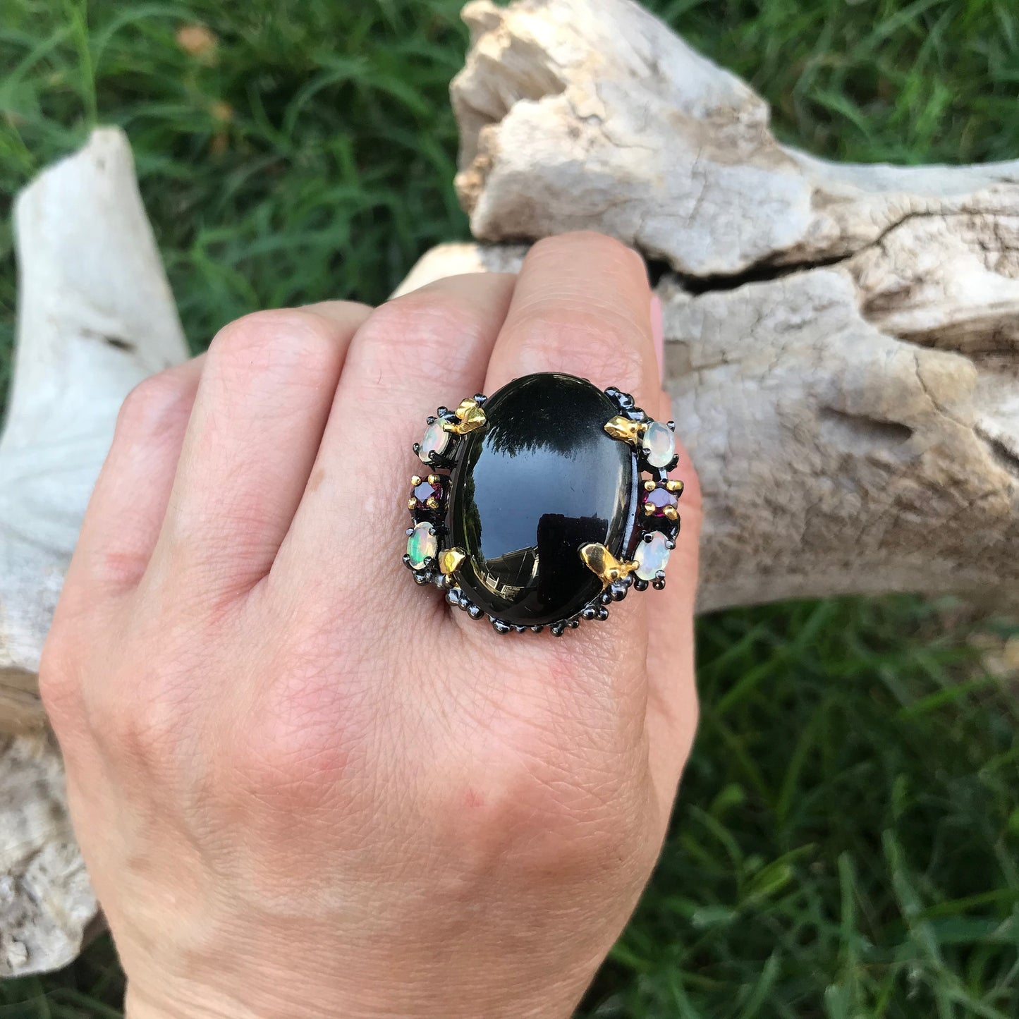 sterling silver statement black spinel opal oversize ring 8.5 wow factor piece