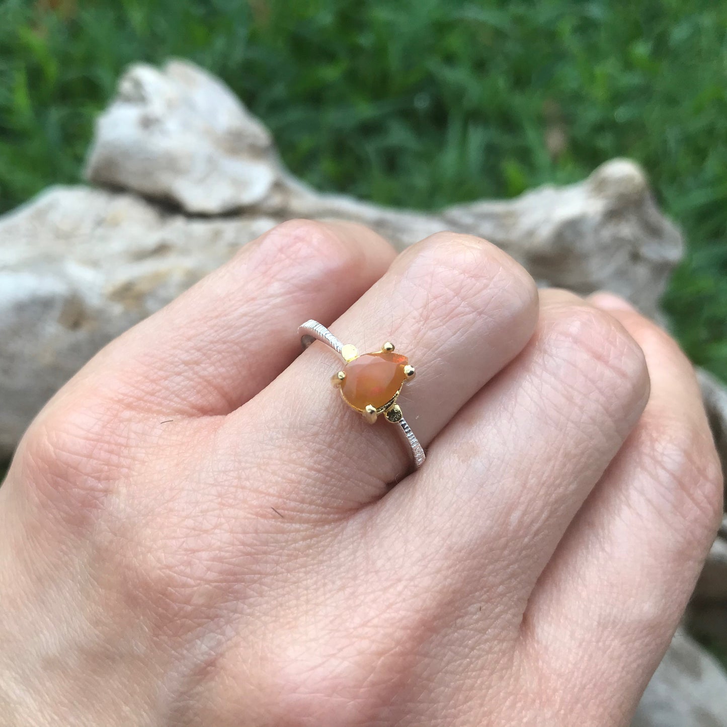 Sterling Silver Handmade orange Fire Opal Artisan handmade ring 8.5