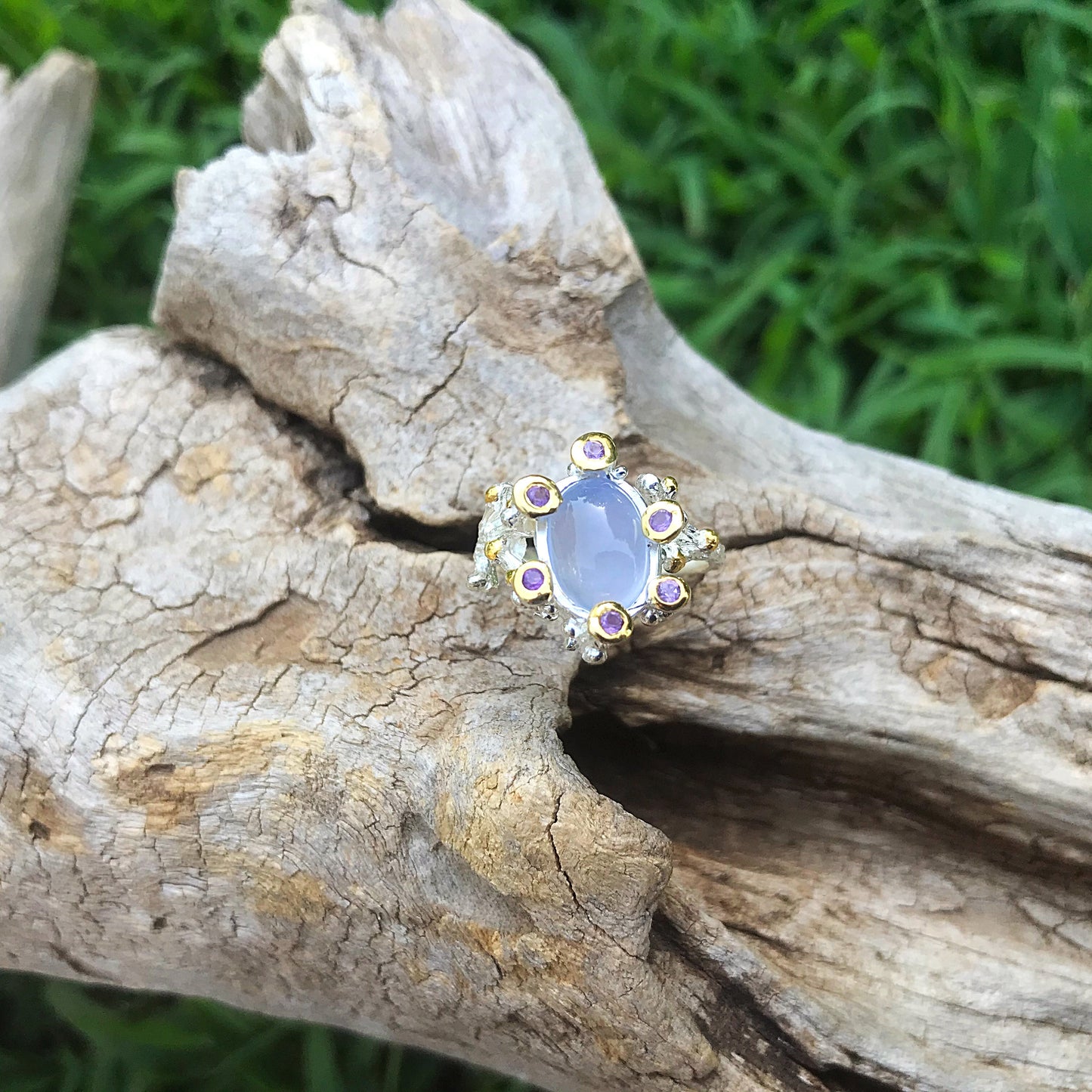 Handmade sterling silver Natural chalcedony amethyst ring 7