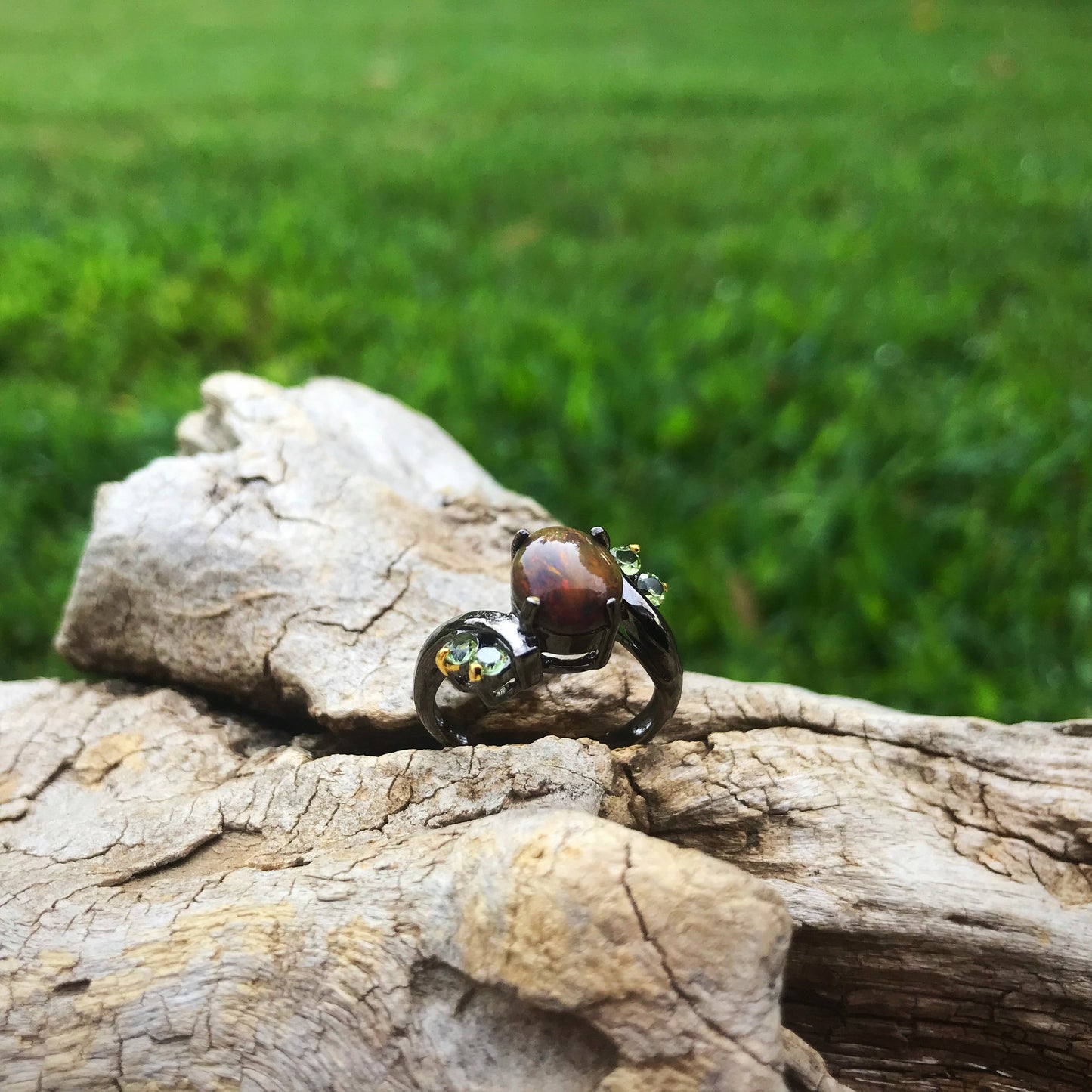 Sterling Silver modernist Handmade Fire Opal peridot Artisan ring 6