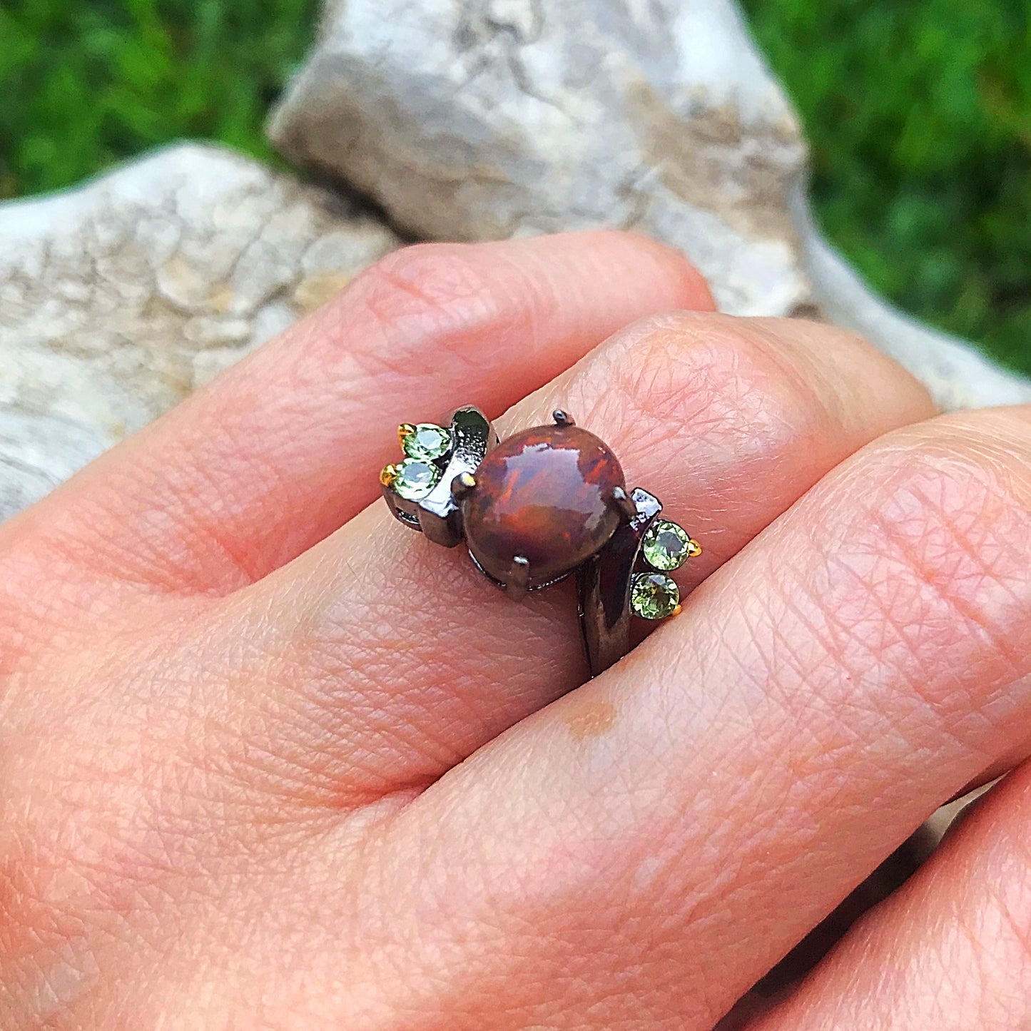 Sterling Silver modernist Handmade Fire Opal peridot Artisan ring 6