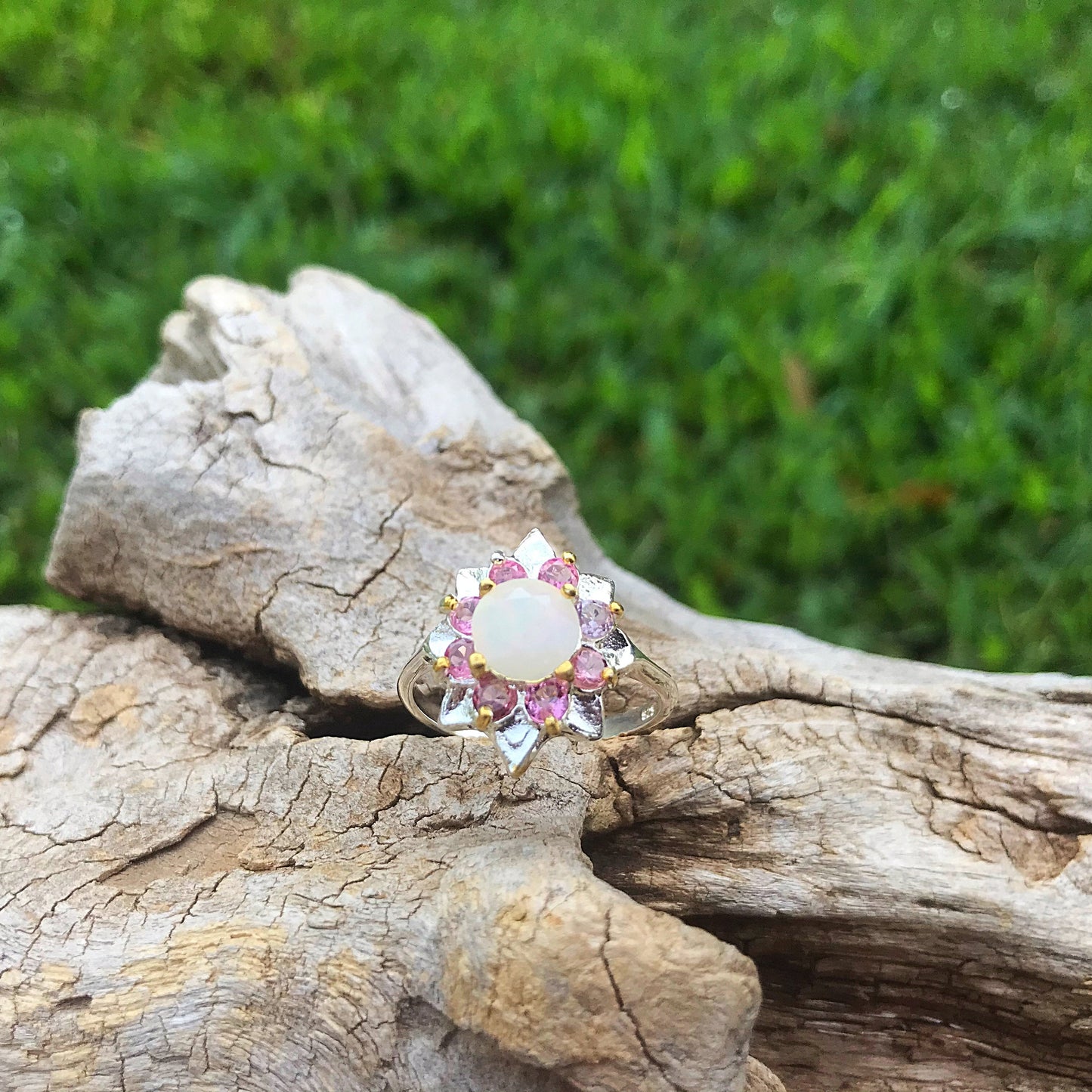 Sterling Silver Handmade Natural opal pink tourmaline flower Artisan handmade ring 8