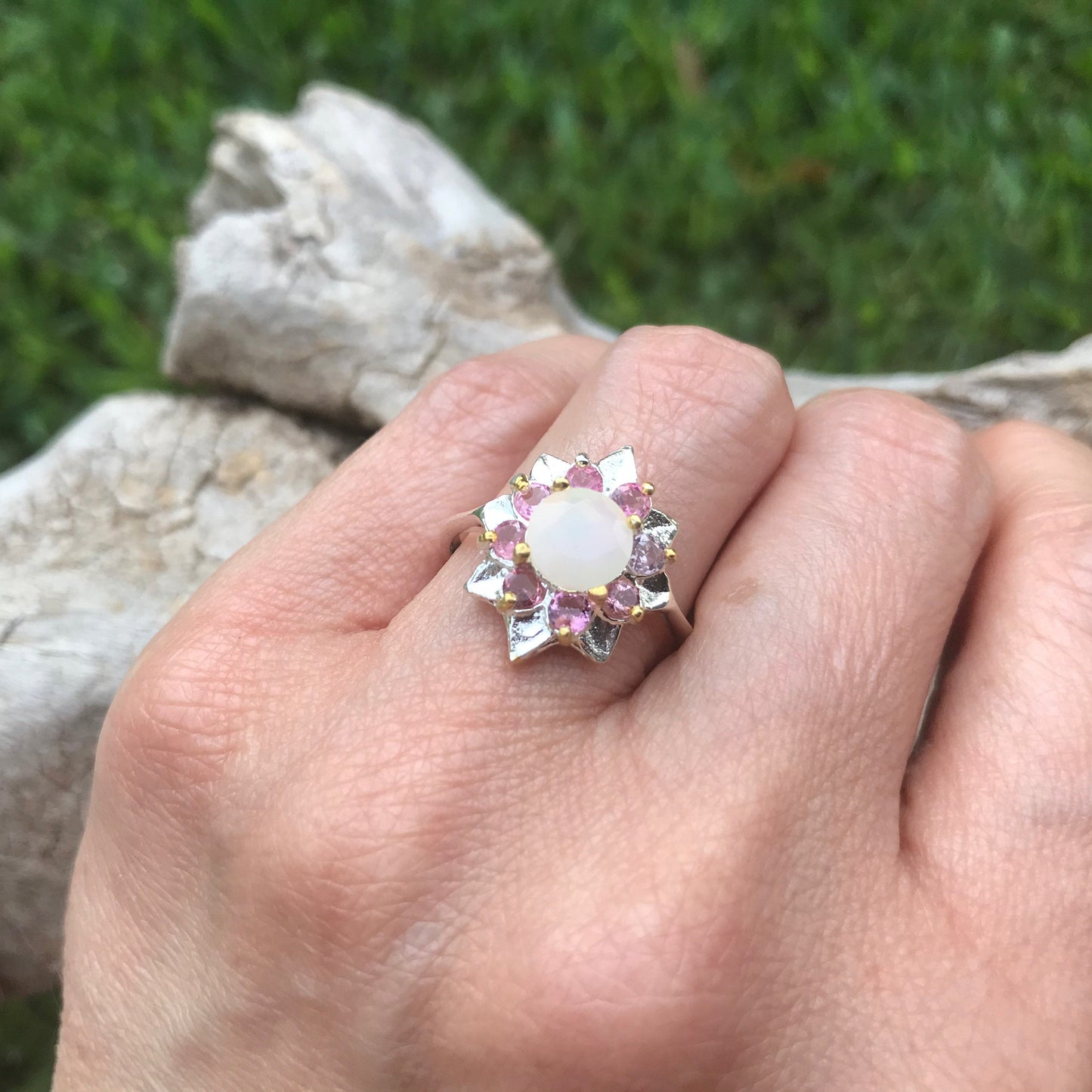 Sterling Silver Handmade Natural opal pink tourmaline flower Artisan handmade ring 8