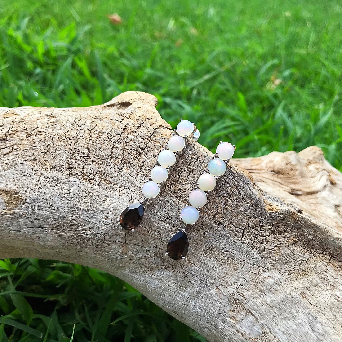 sterling silver Rainbow Natural opals Smokey quartz long dangle earrings