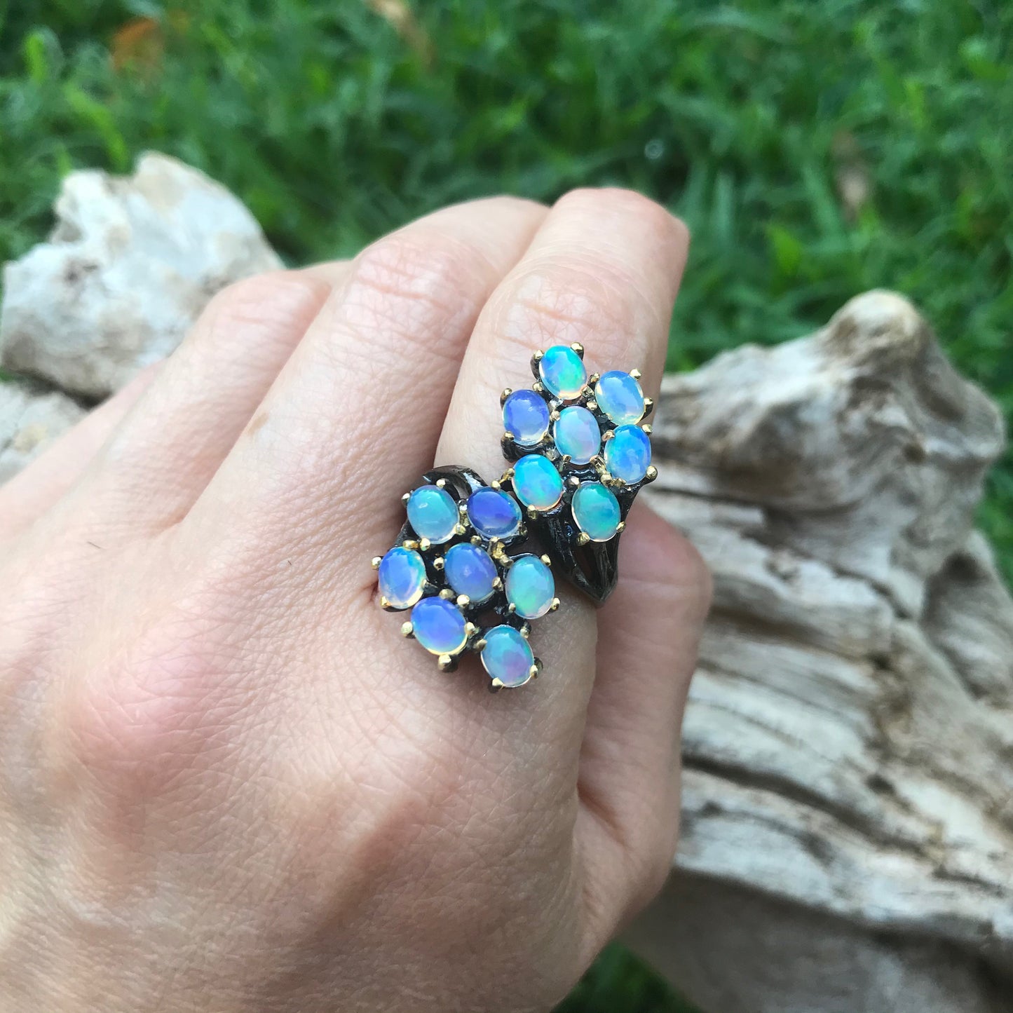 Handmade Sterling silver 14 natural fire opal statement Ring size 8.5