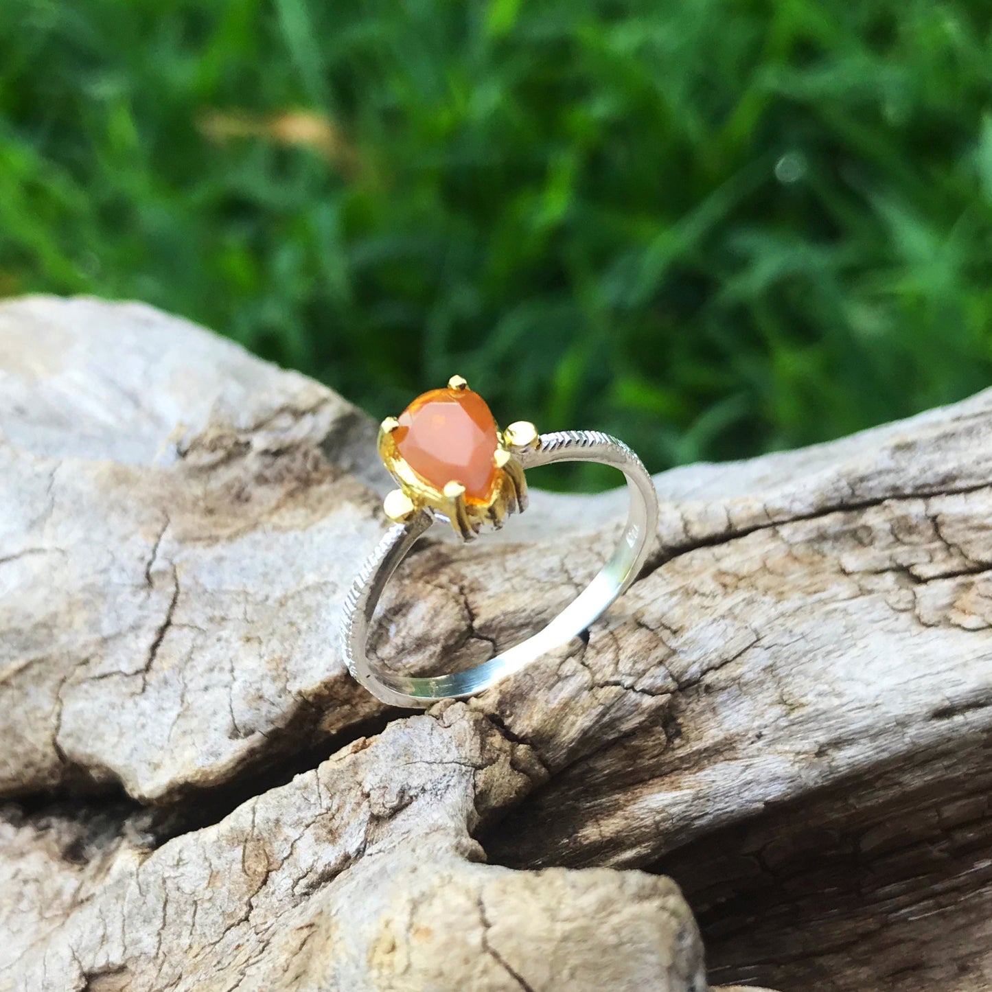 Sterling Silver Handmade orange Fire Opal Artisan handmade ring 8.5