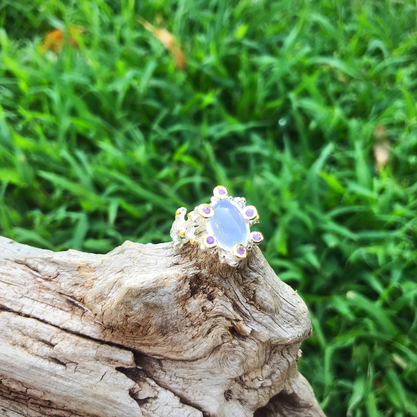 Handmade sterling silver Natural chalcedony amethyst ring 7
