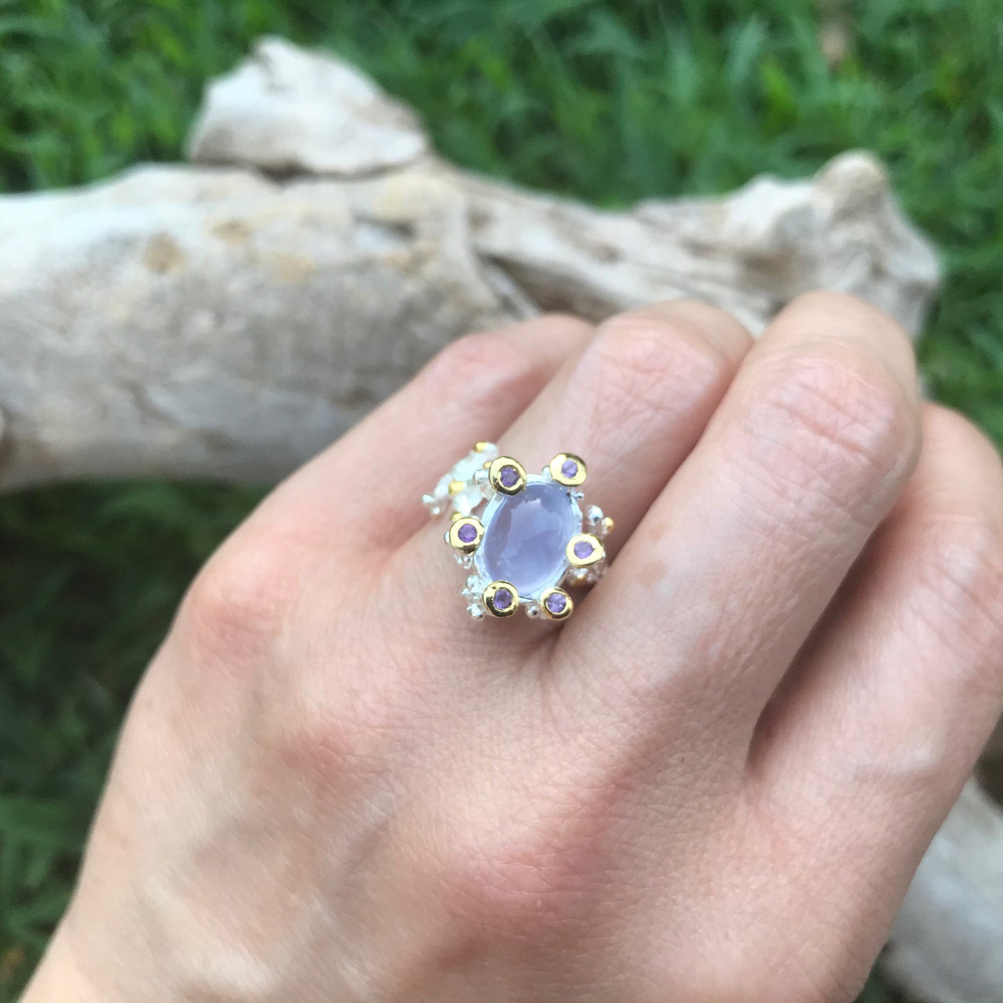 Handmade sterling silver Natural chalcedony amethyst ring 7