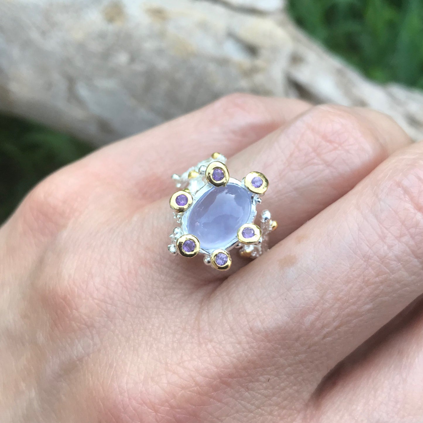 Handmade sterling silver Natural chalcedony amethyst ring 7