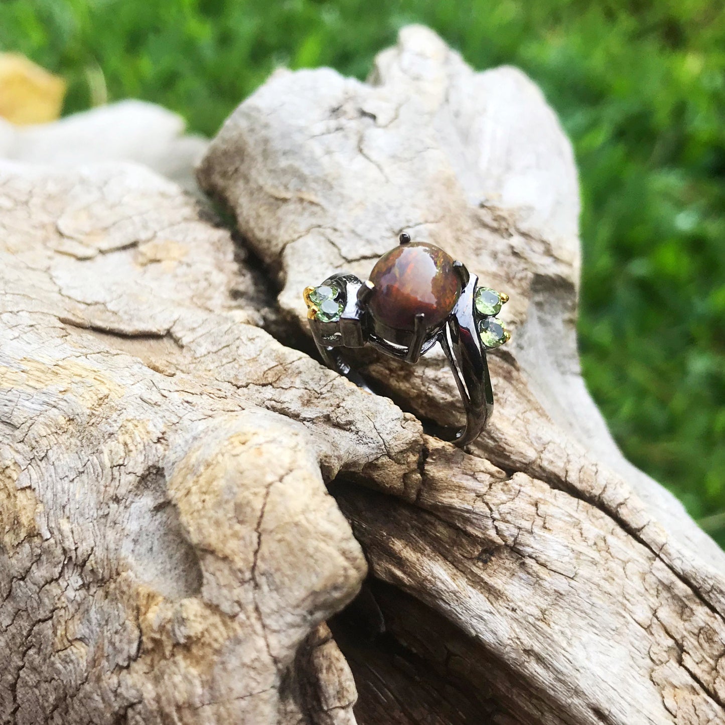 Sterling Silver modernist Handmade Fire Opal peridot Artisan ring 6