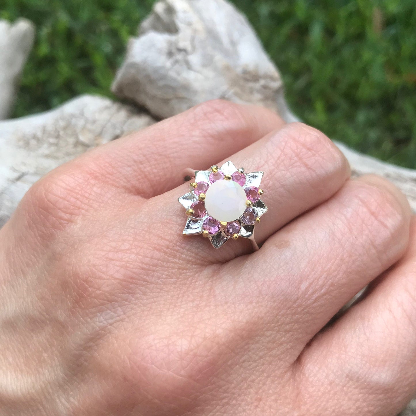 Sterling Silver Handmade Natural opal pink tourmaline flower Artisan handmade ring 8