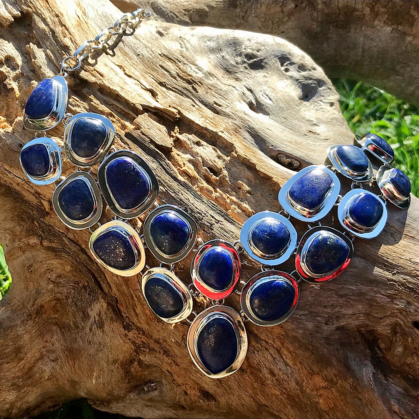sterling silver Statement Natural Blue Lapis Lazuli Necklace Collar