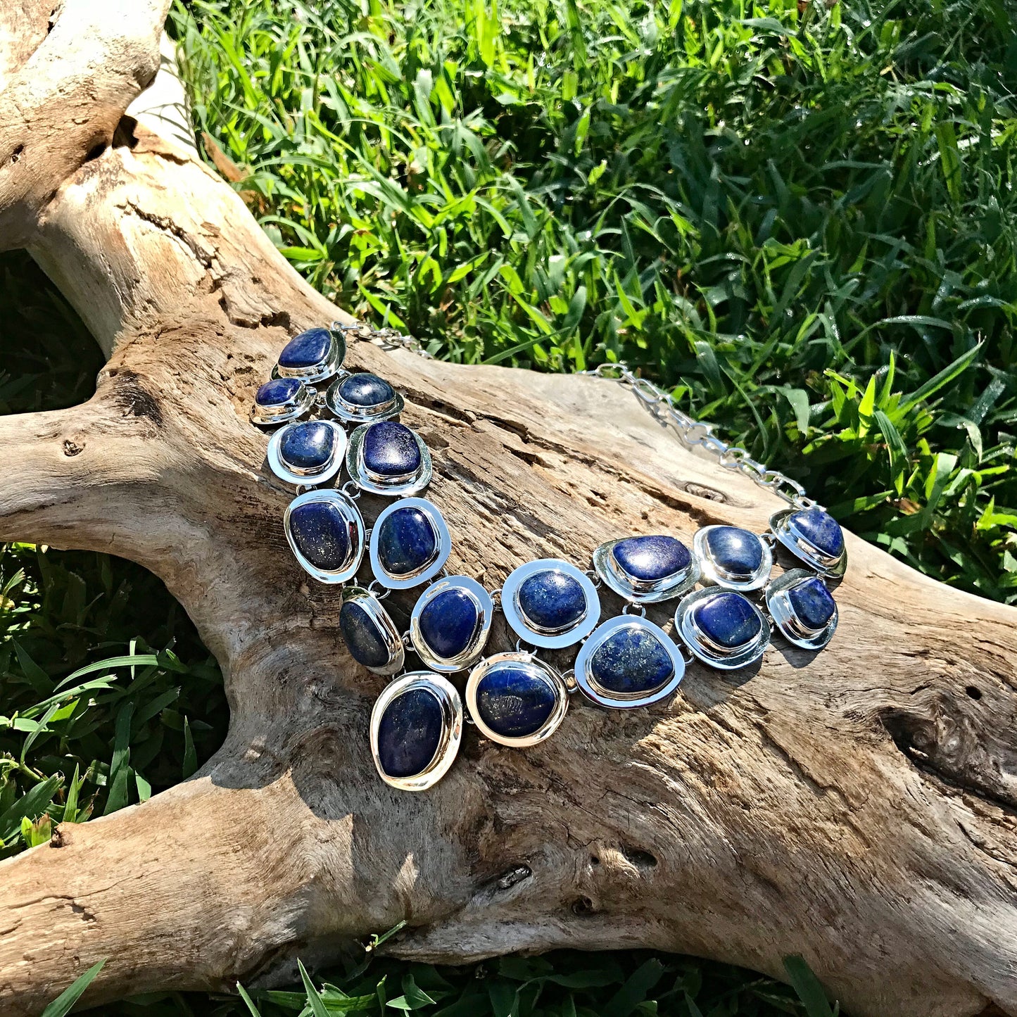sterling silver Statement Natural Blue Lapis Lazuli Necklace Collar