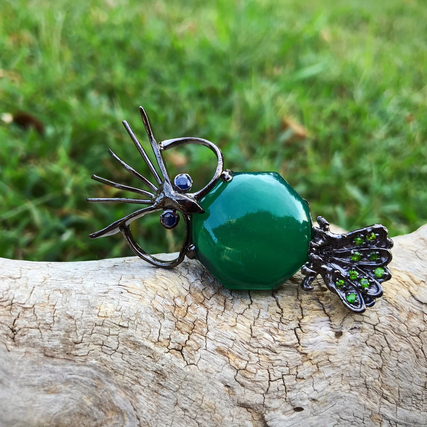 Artisan sterling silver green onyx blue sapphire Pin brooch