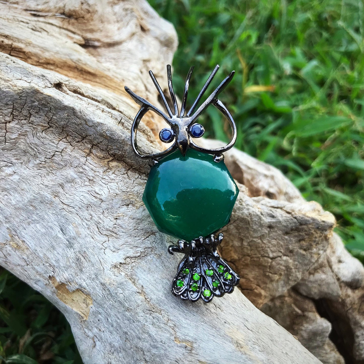 Artisan sterling silver green onyx blue sapphire  Pin  brooch