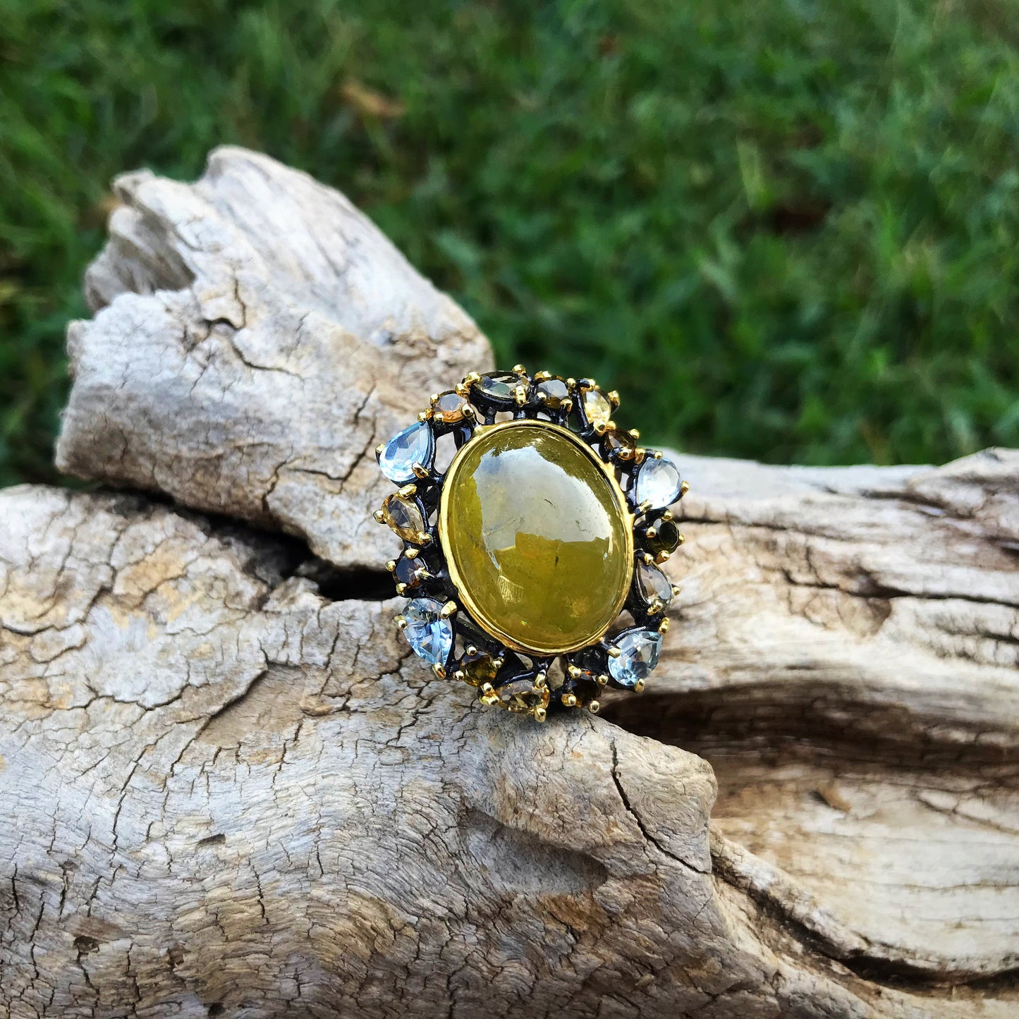 sterling Silver natural sphene citrine tourmaline topaz statement Ring 6