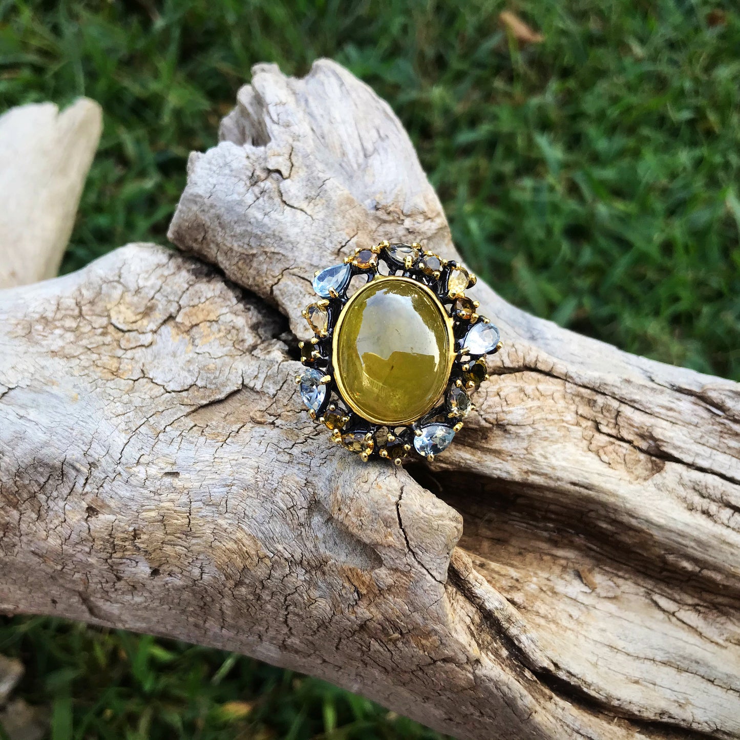 sterling Silver natural sphene citrine tourmaline topaz statement Ring 6