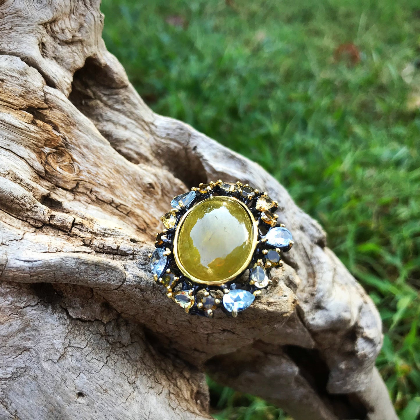 sterling Silver natural sphene citrine tourmaline topaz statement Ring 6
