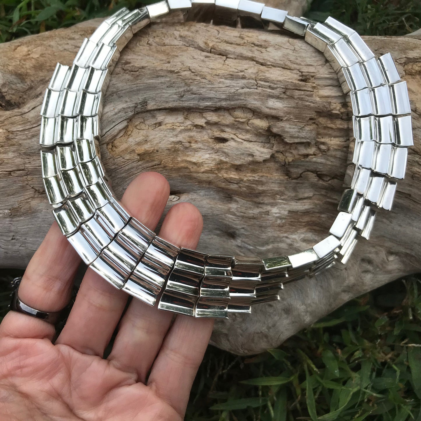 Sterling silver vintage Concave Abstract Taxco Modernist necklace collar
