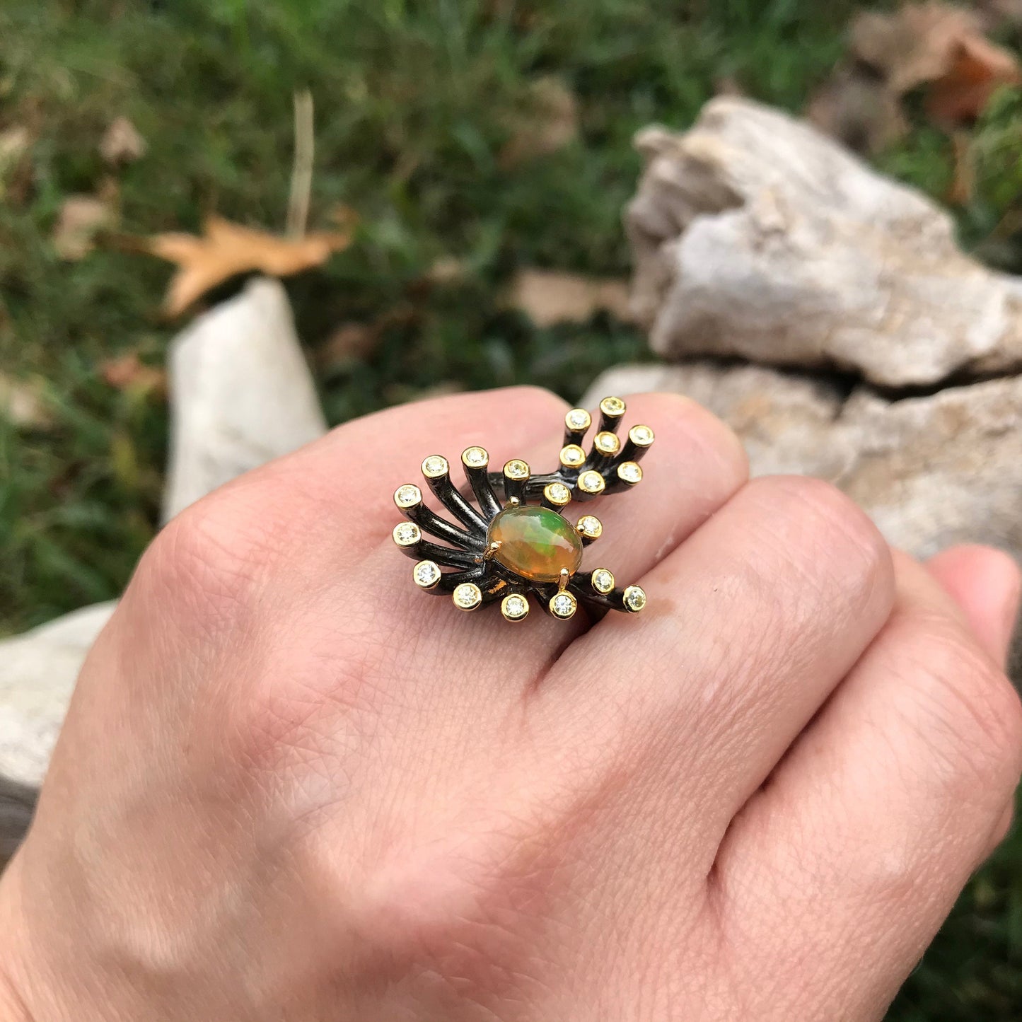 Sterling Silver Fire Rainbow Natural Opal Artisan Handmade Ring 5-8