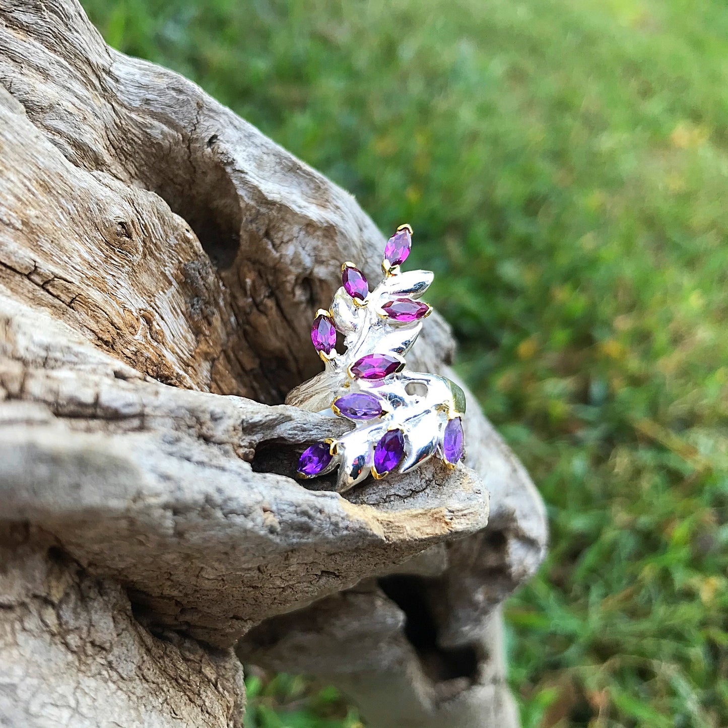 sterling silver fern Rhodolite Amethyst ring 7