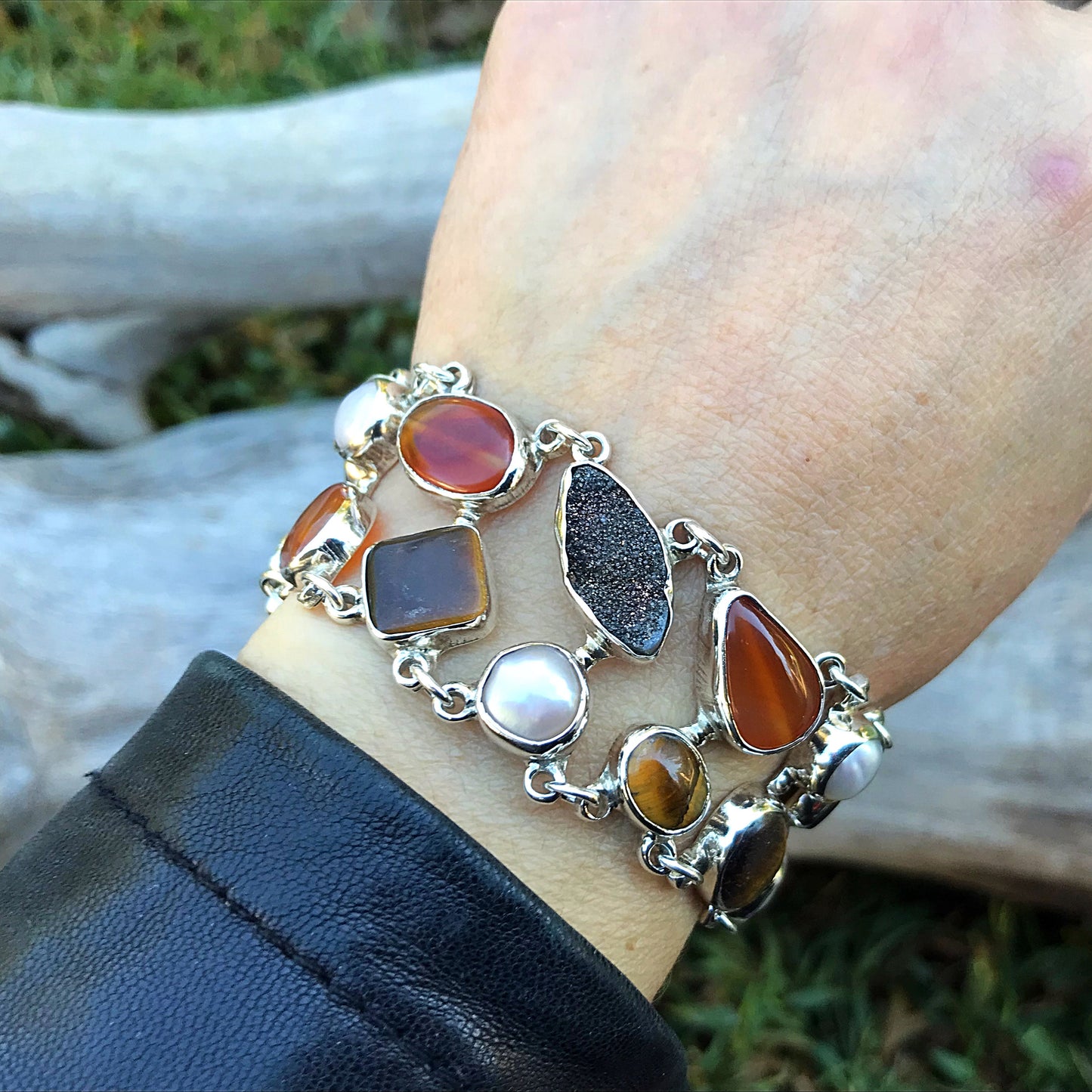 950 sterling silver heirloom statement white pearl tiger eye druzzy carnelian Bracelet