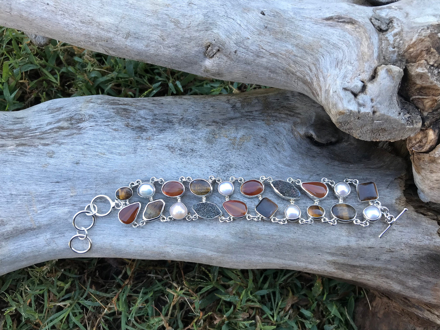 950 sterling silver heirloom statement white pearl tiger eye druzzy carnelian Bracelet