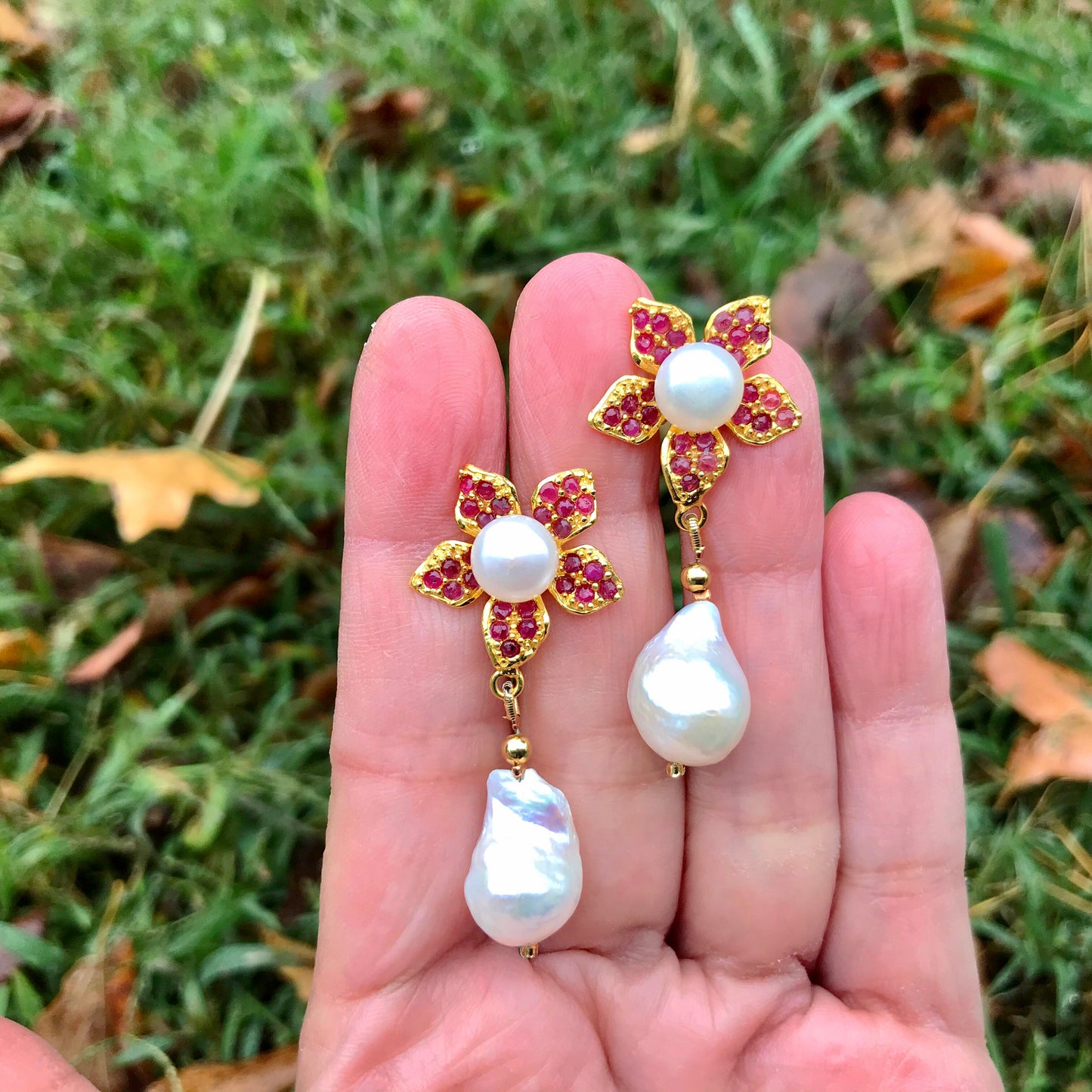 Sterling Silver natural ruby white natural baroque pearl Gold Earrings