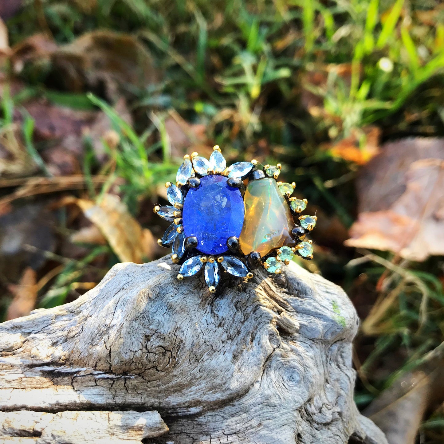 sterling silver Natural Fire Opal sapphire statement Ring 7.5