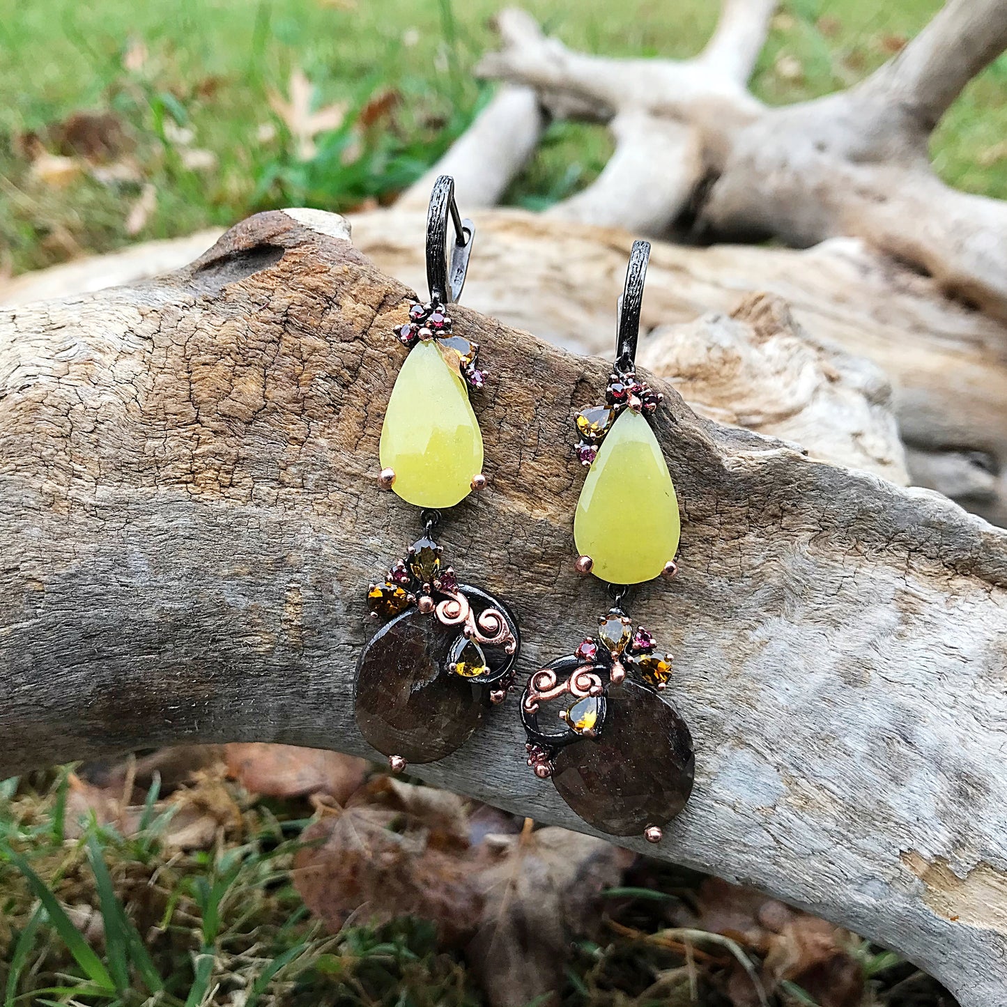 Sterling silver natural sapphire brown yellow tourmaline statement earrings