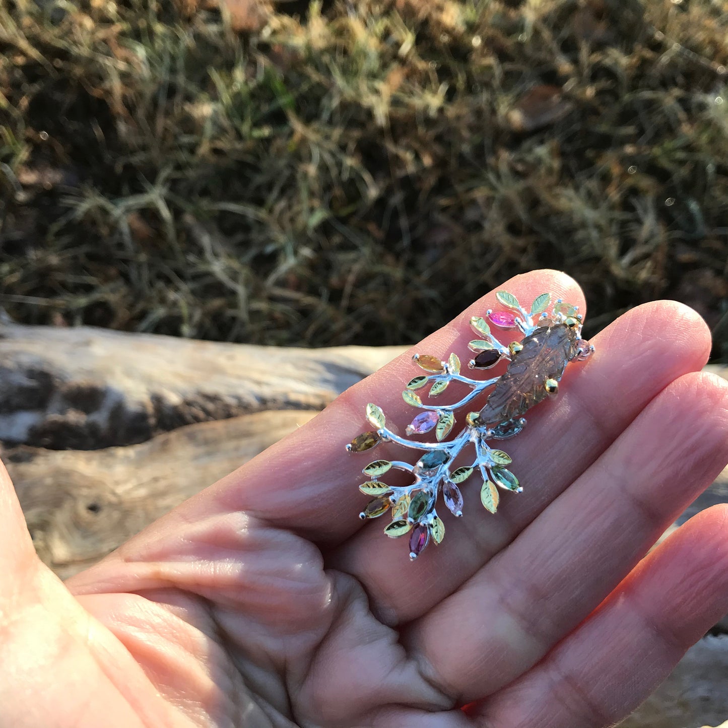 Sterling silver Natural  tourmaline leaf twig branch  brooch