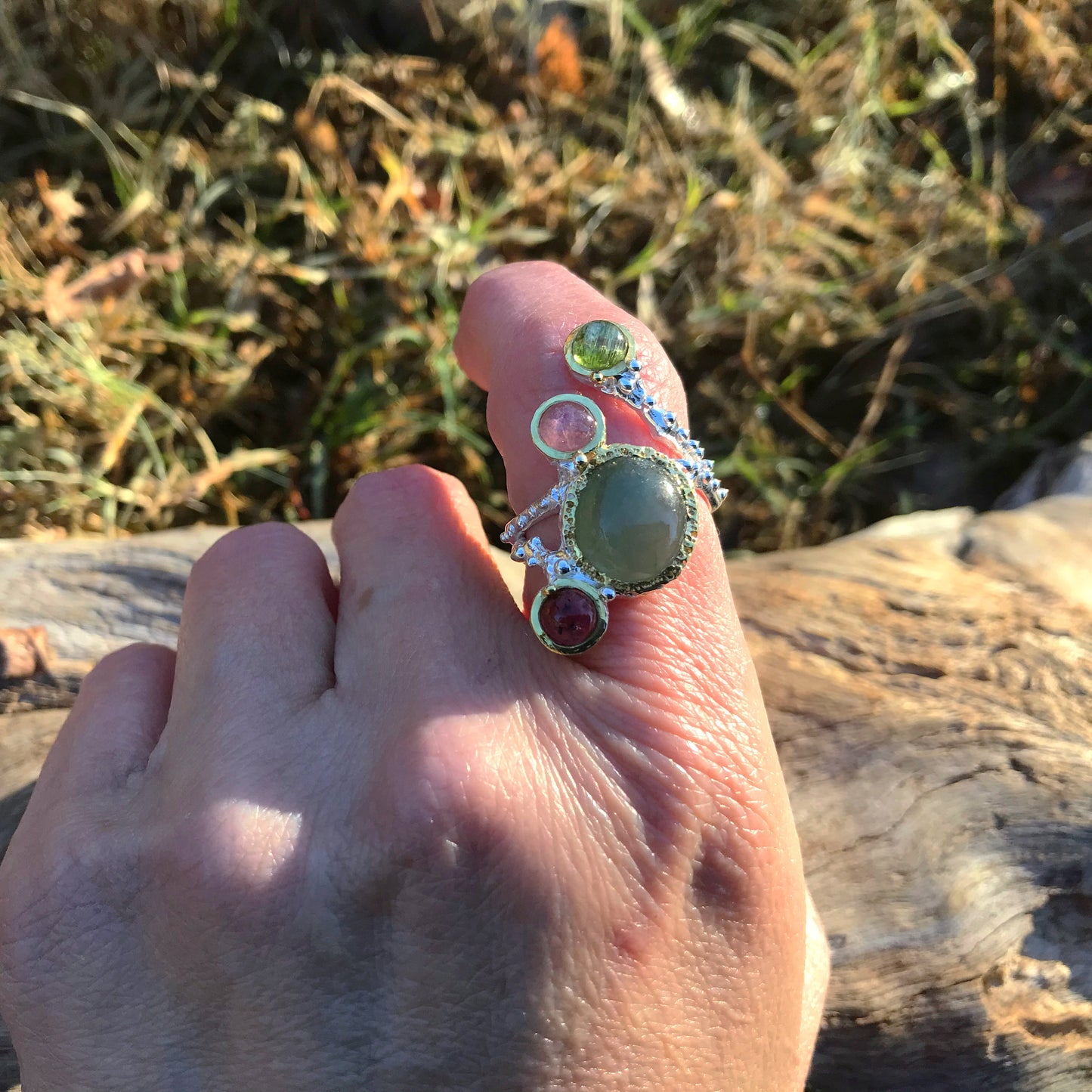 Handmade Sterling Silver Natural Green jade tourmaline ring 7.5