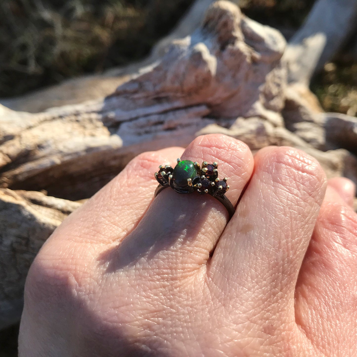 Sterling Silver Black flash Opal Ring Size 6