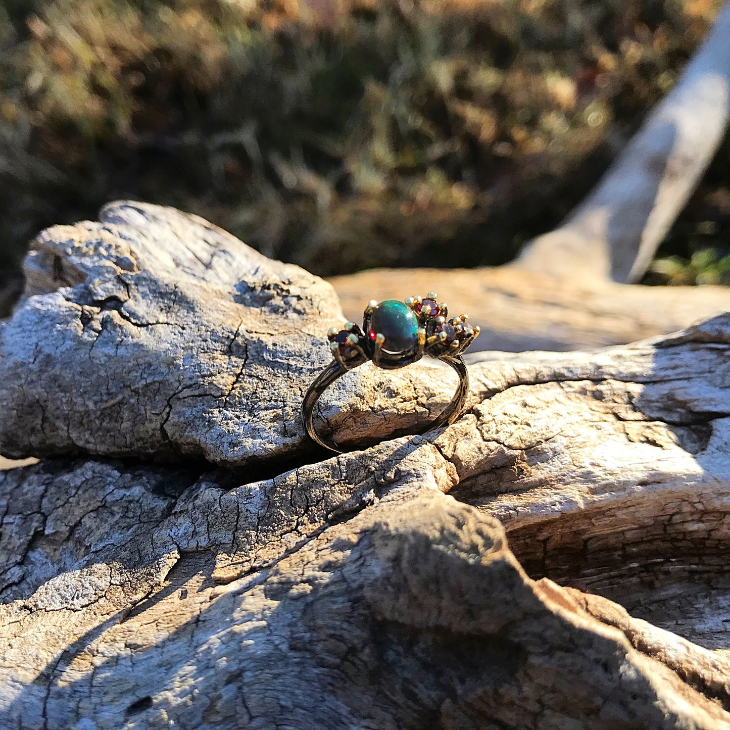 Sterling Silver Black flash Opal Ring Size 6