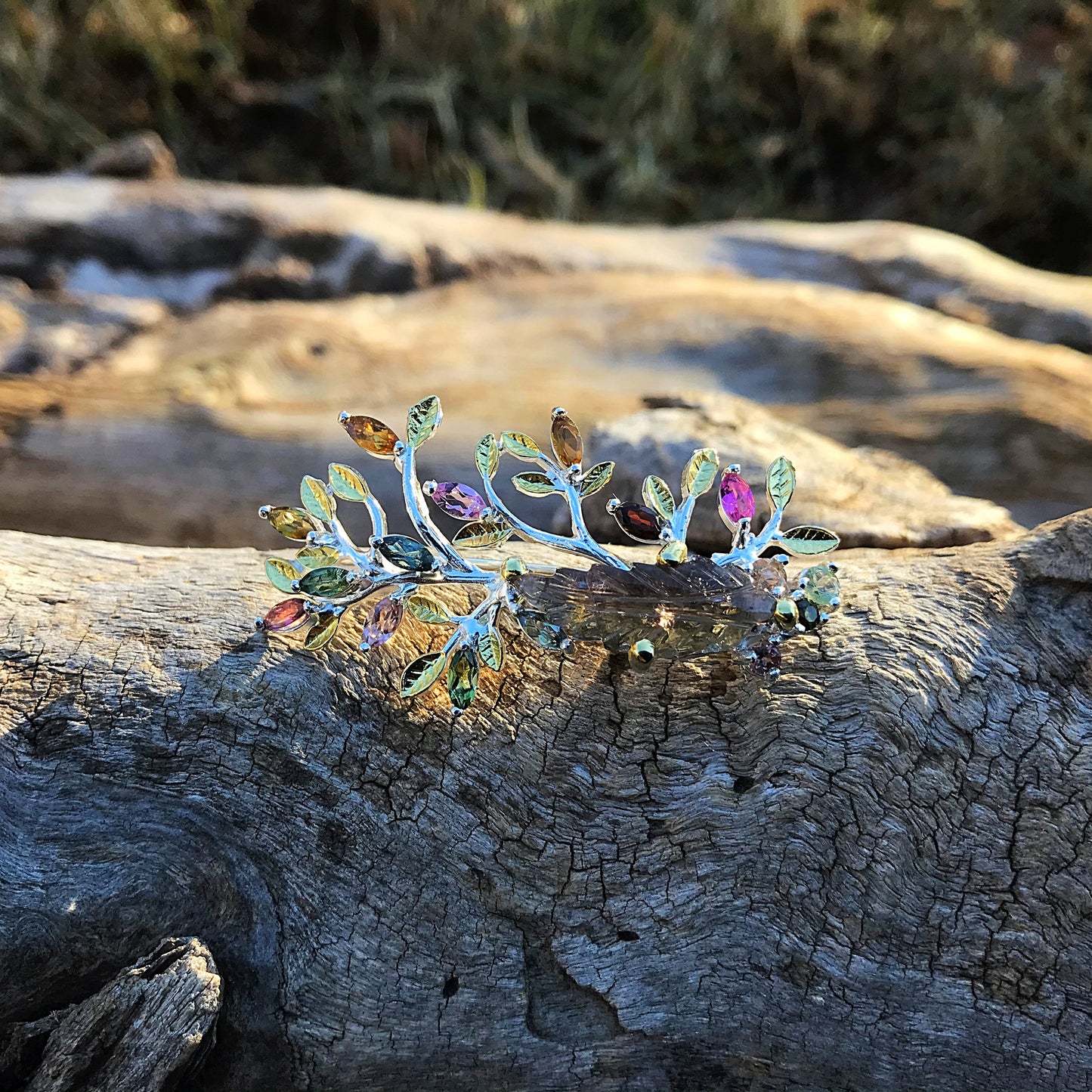 Sterling silver Natural tourmaline leaf twig branch brooch