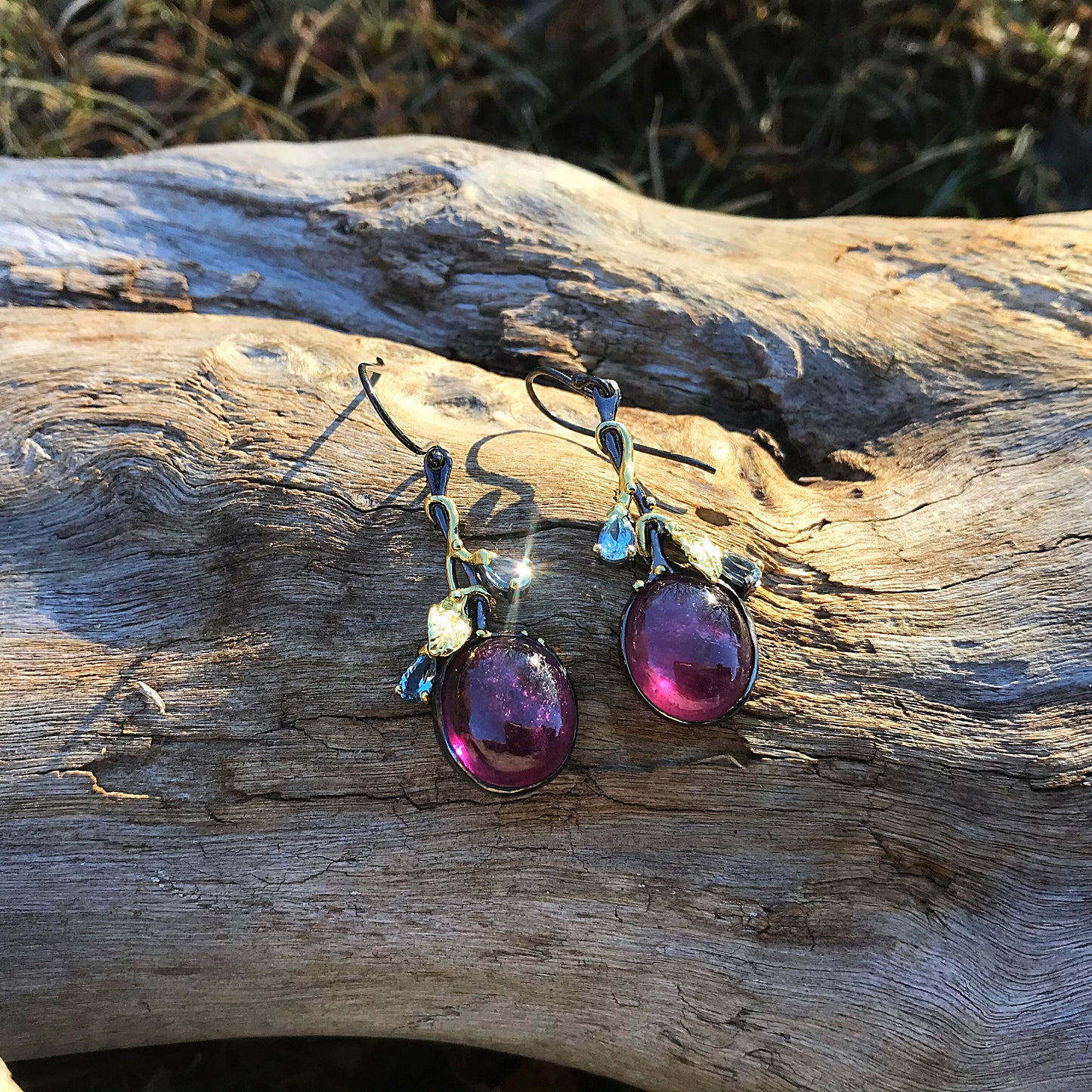 Sterling Silver red ruby topaz art dangle Earrings