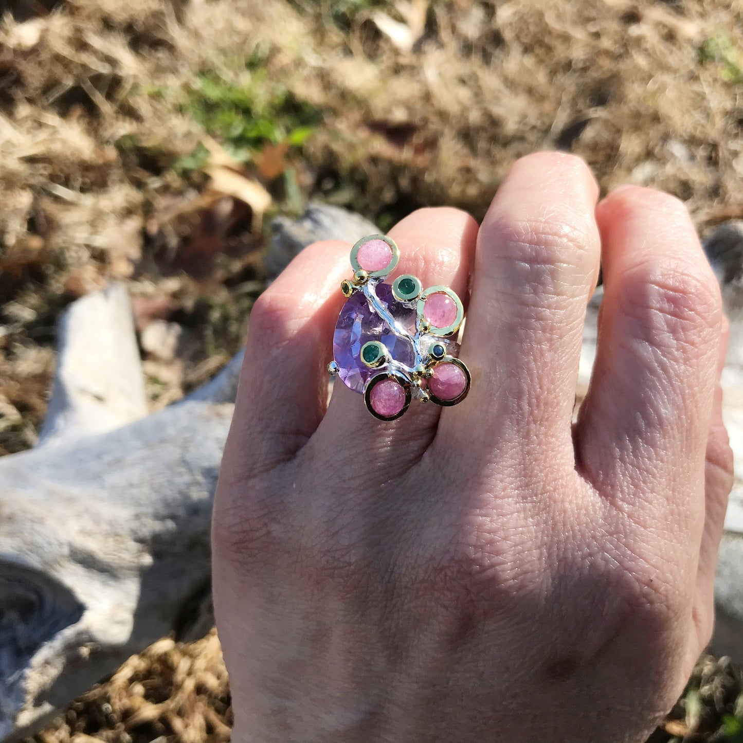 sterling silver modernist Amethyst ruby sapphire statement ring 7