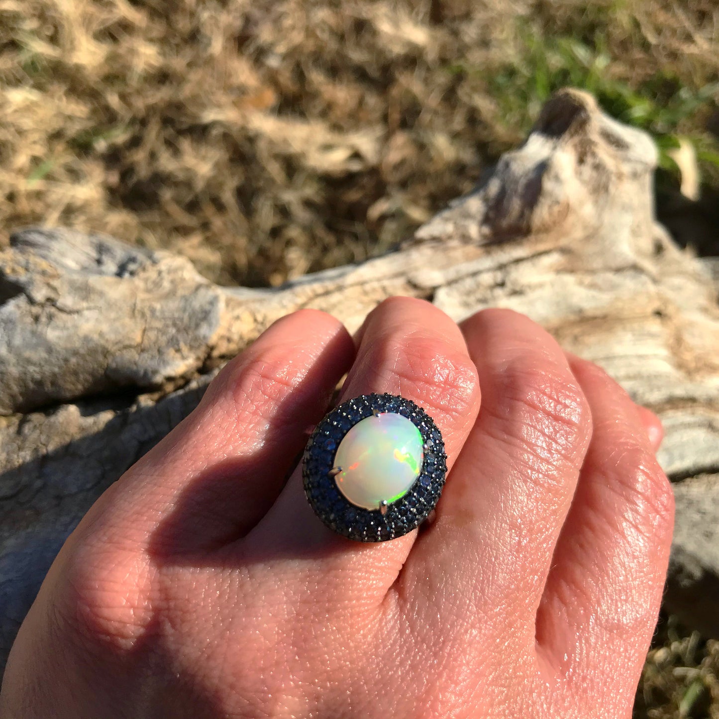 sterling silver Natural Fire Opal blue sapphire statement ring 7