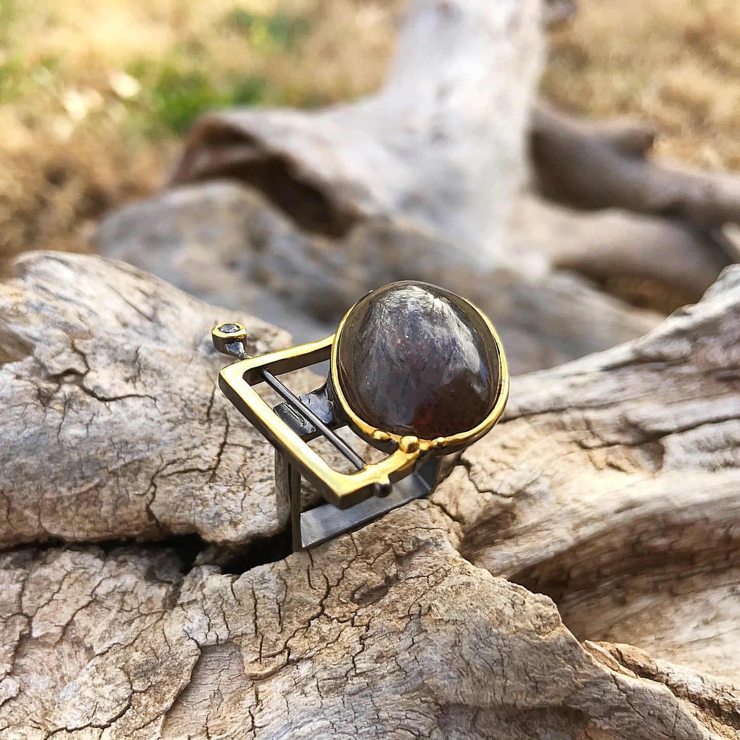 Sterling silver cat’s eye Sunstone sapphire modernist square ring 7-8
